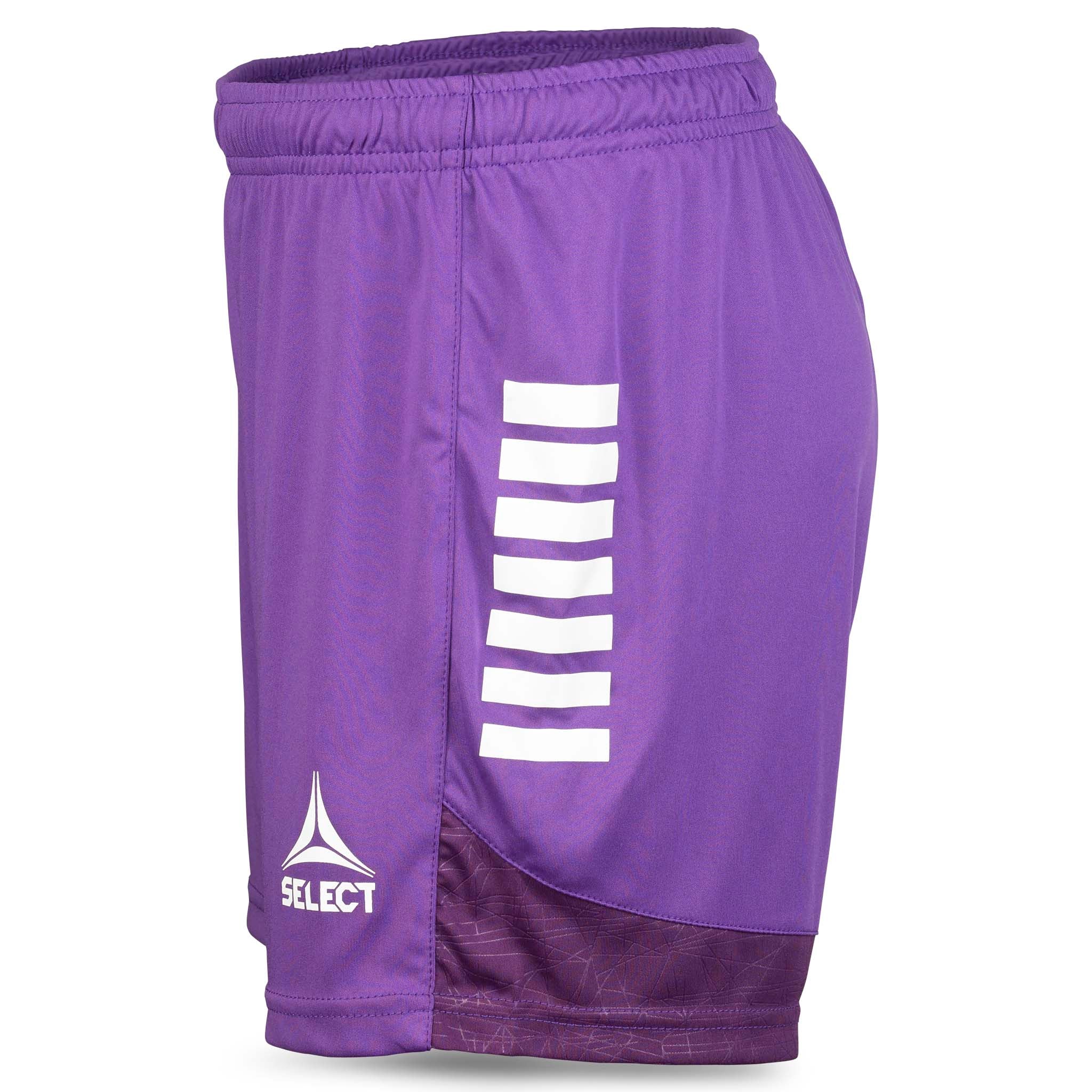 Right-side view of purple-white Player shorts Spain woman v25, football Match & Training wear with white stripes.