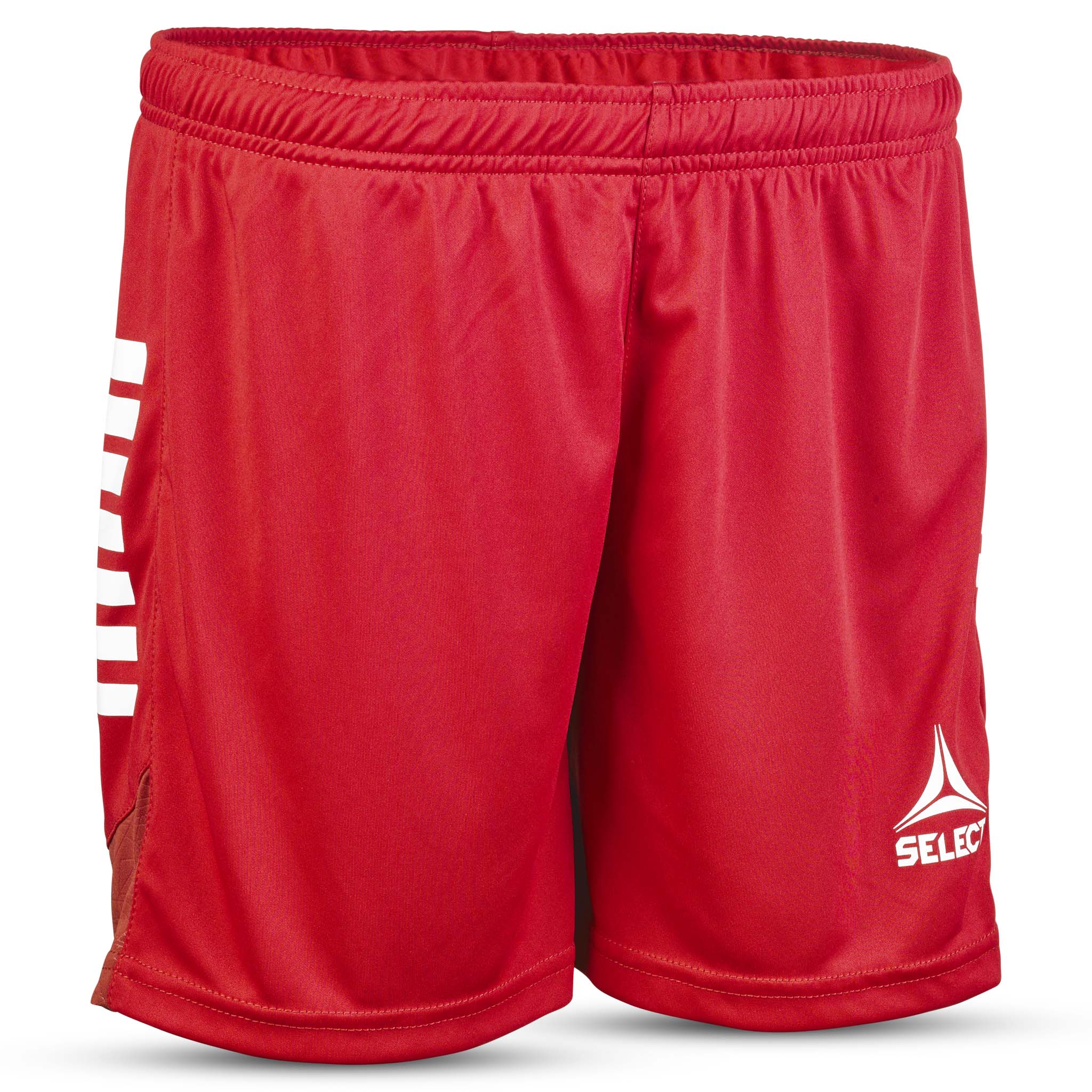 Red Player shorts Spain woman v25, front view, Match & Training wear with white stripes and logo.