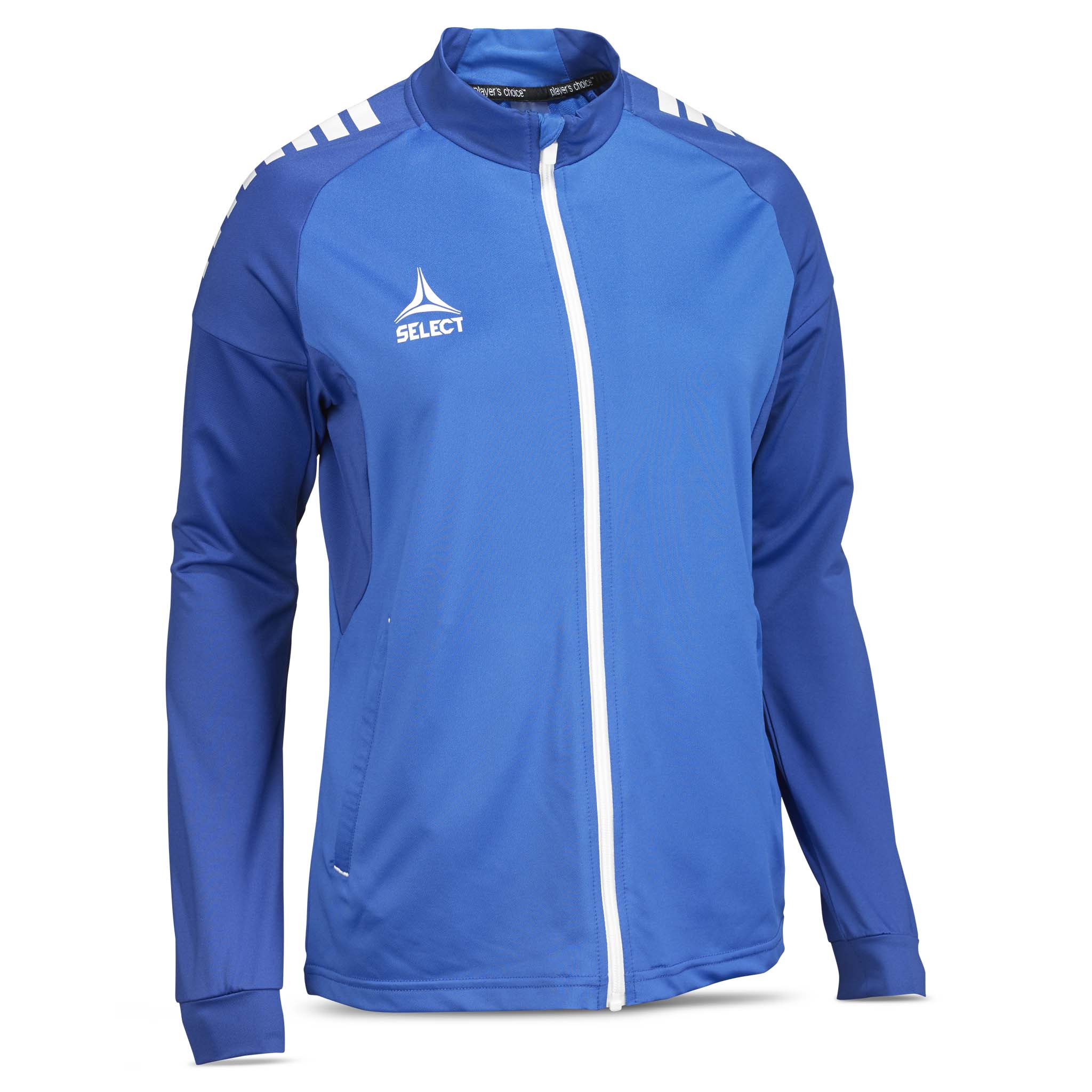 Front view of blue and white Training zip jacket Spain woman v25, Match & Training football wear