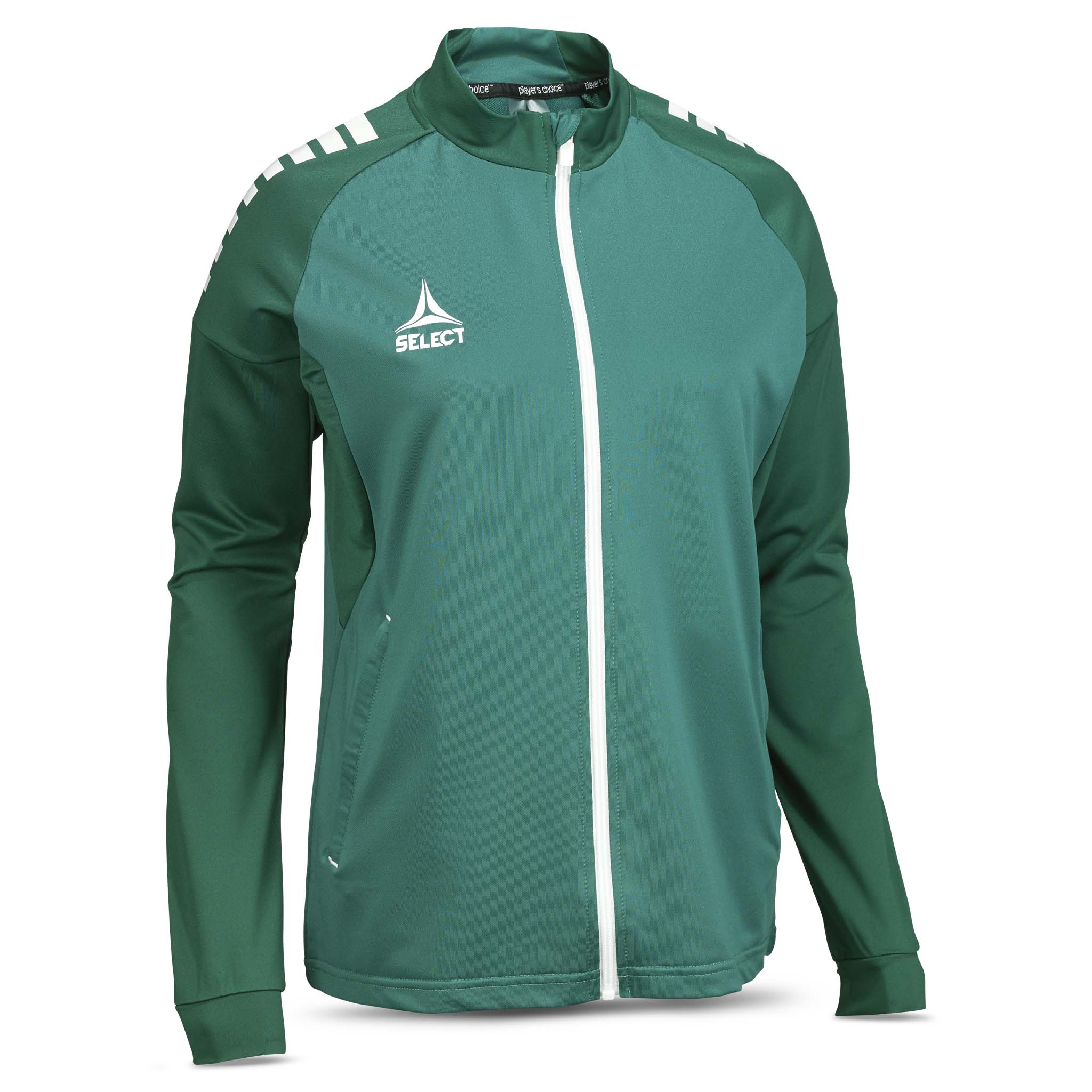 Front view of green and white Training zip jacket Spain woman v25, football Match & Training wear