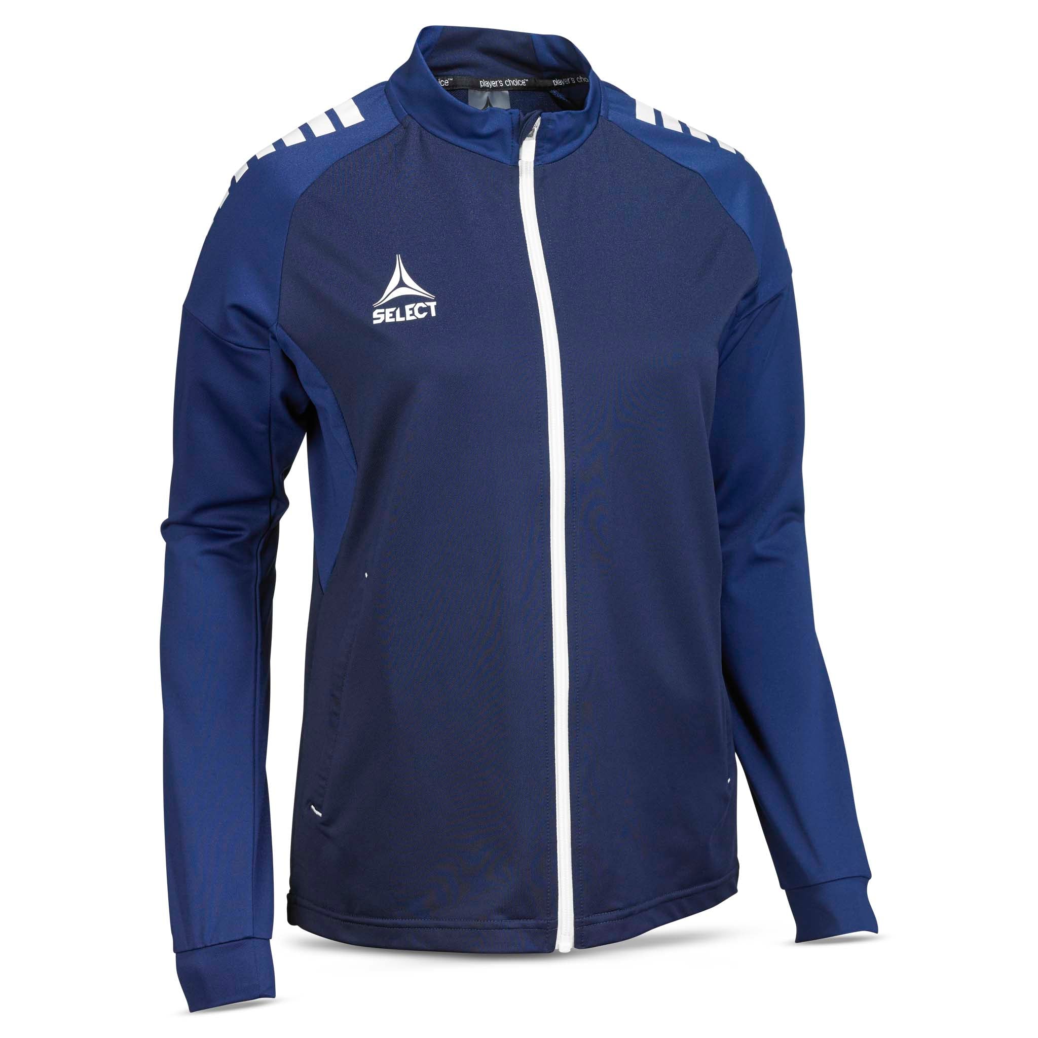 Front view of navy and white Training zip jacket Spain woman v25, Match & Training wear for football