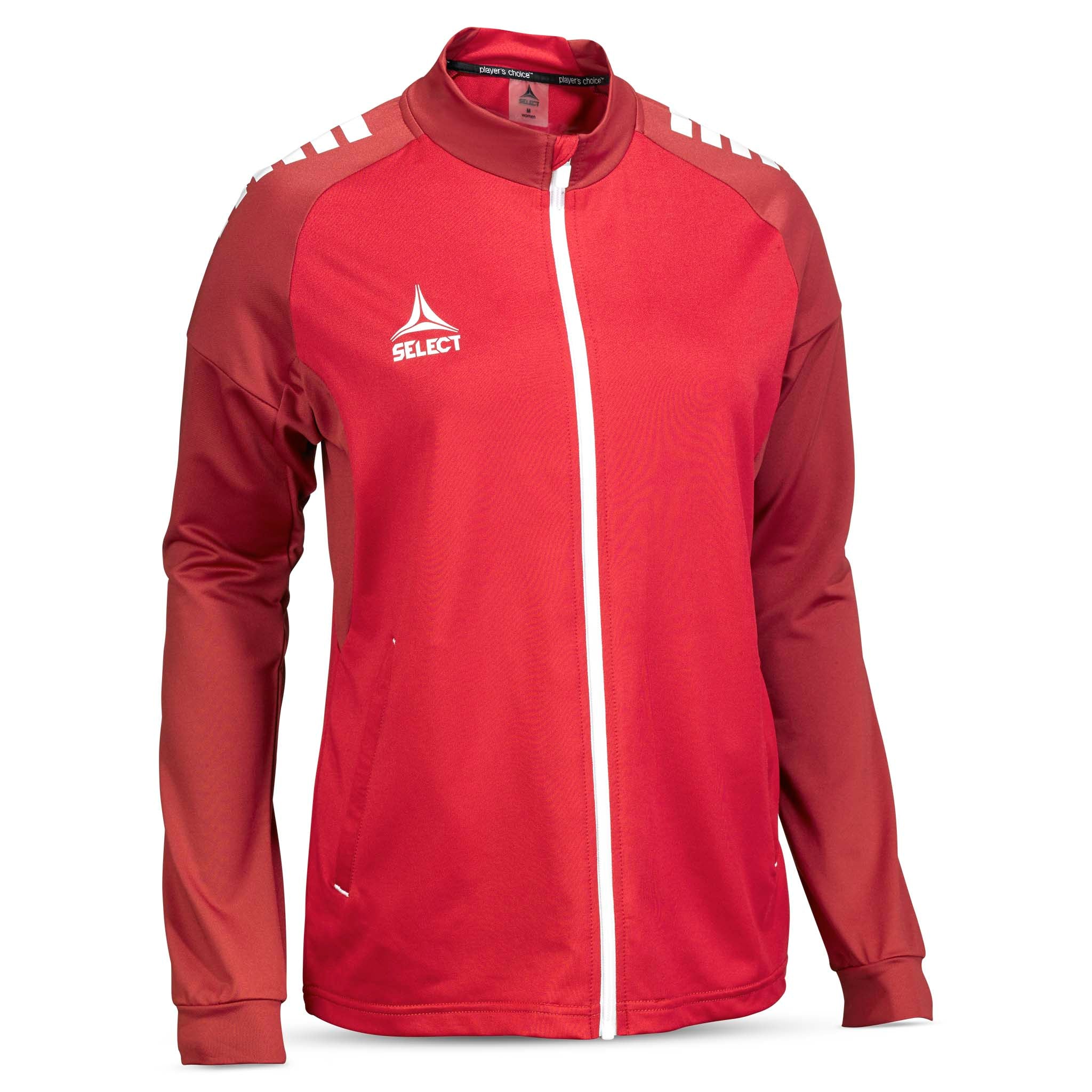 Front view of red and white Training zip jacket Spain woman v25, football Match & Training wear