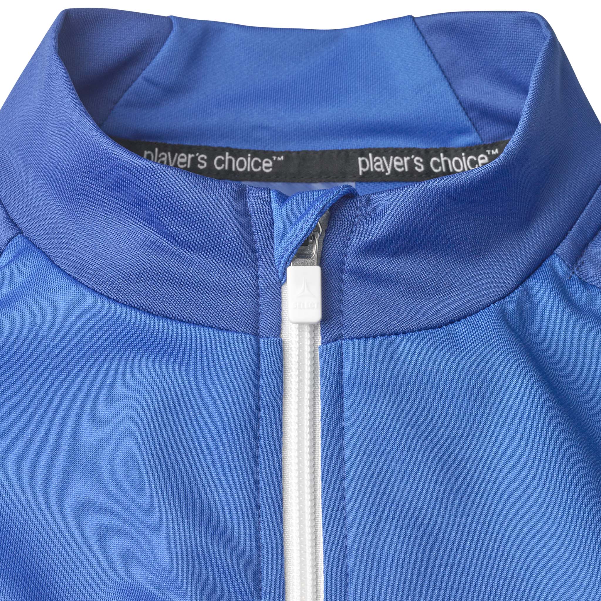 Closeup of blue Training zip jacket Spain woman v25, white zip and collar branding. Match & Training wear.