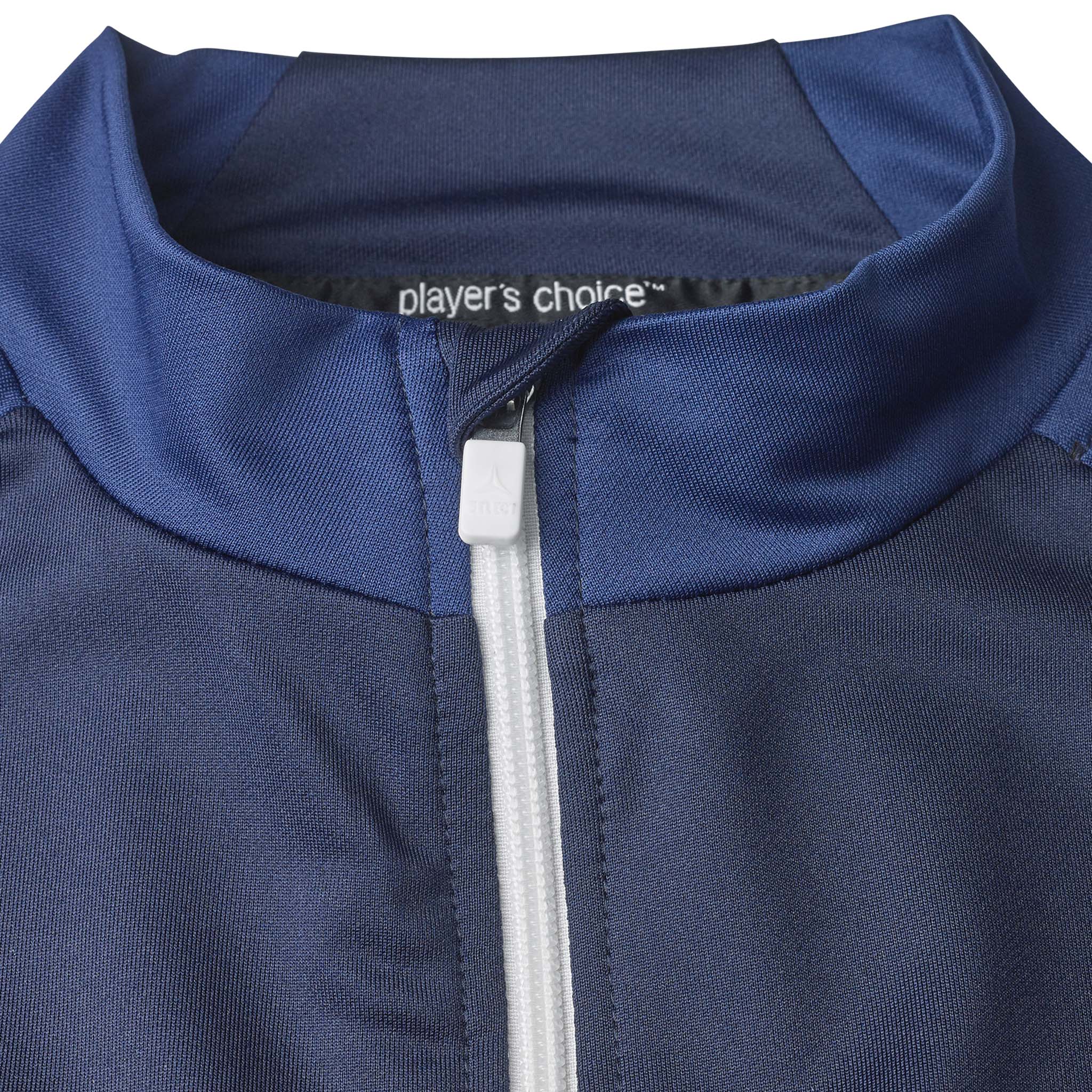 Closeup of navy Training zip jacket Spain woman v25, Match & Training wear, white zip and collar detail.