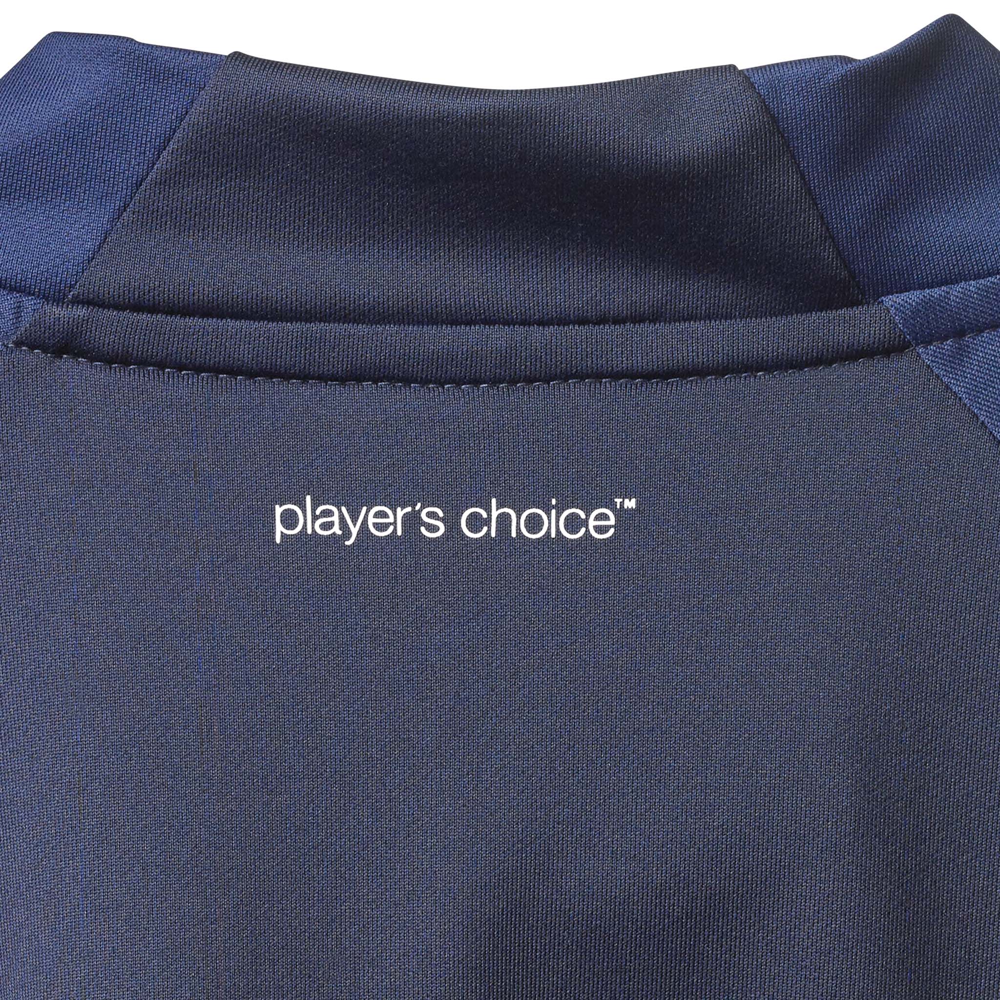 Closeup of navy Training zip jacket Spain woman v25, Match & Training wear, showing white 'player's choice' print.