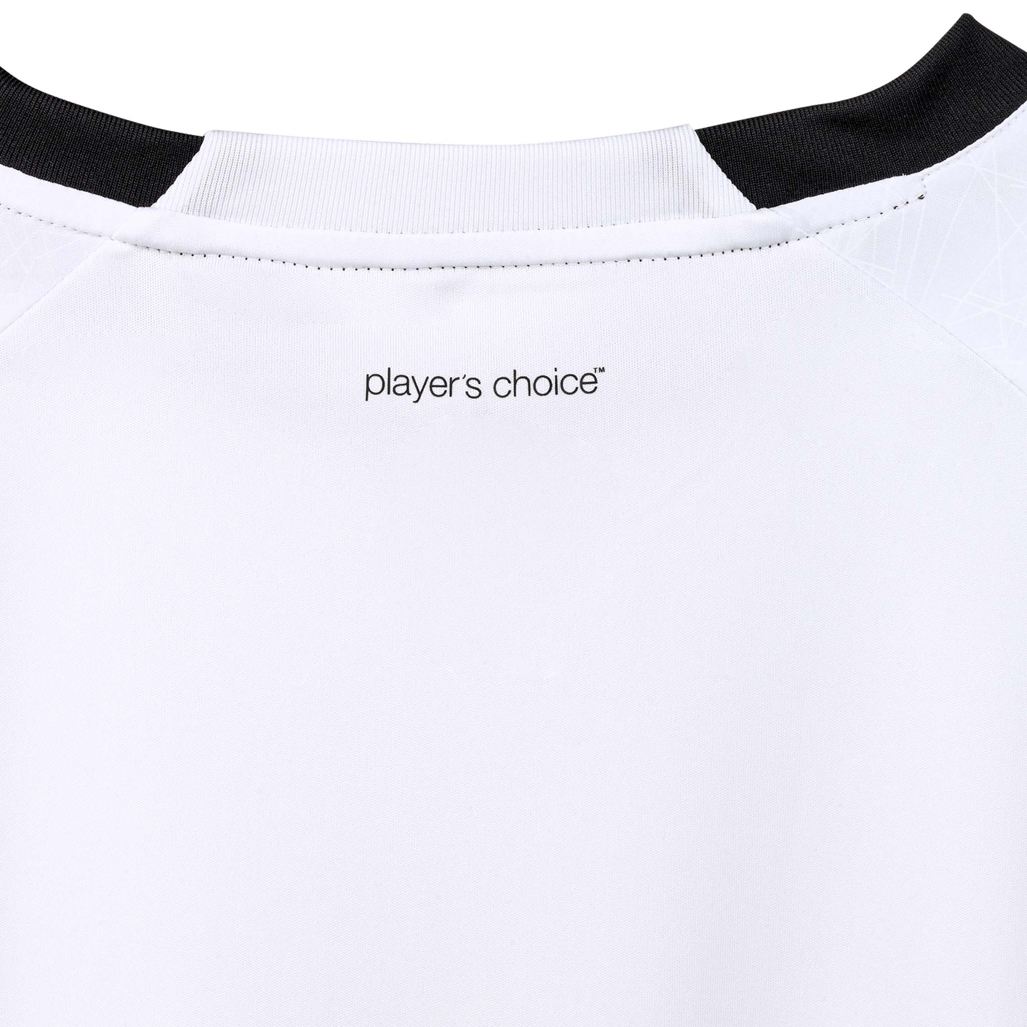 Closeup of white Player shirt S/S Spain woman v25, Match & Training wear, black collar, 'player's choice' text
