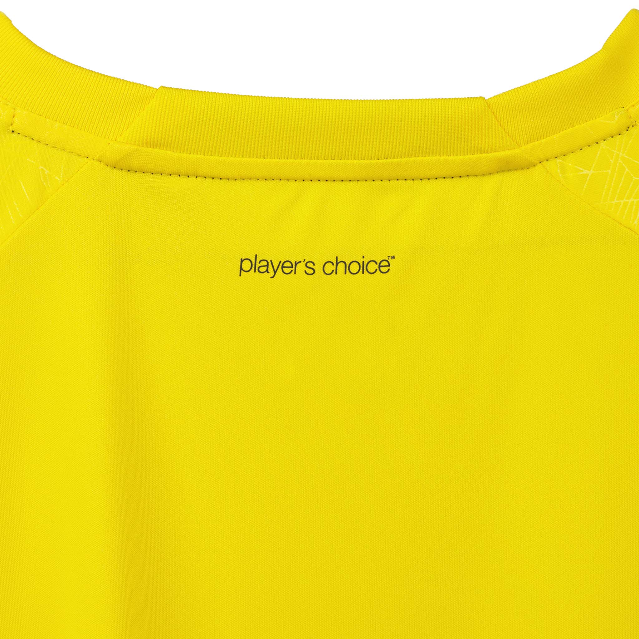 Closeup of yellow Player shirt S/S Spain woman v25, Match & Training wear, showing 'player's choice' print and neckline.