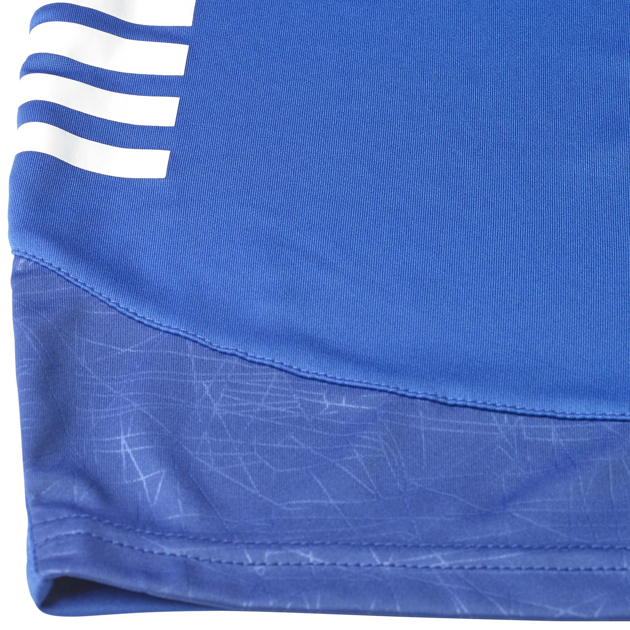 Closeup of Player shorts Spain woman v25, Match & Training wear, blue with white stripes and patterned hem detail.