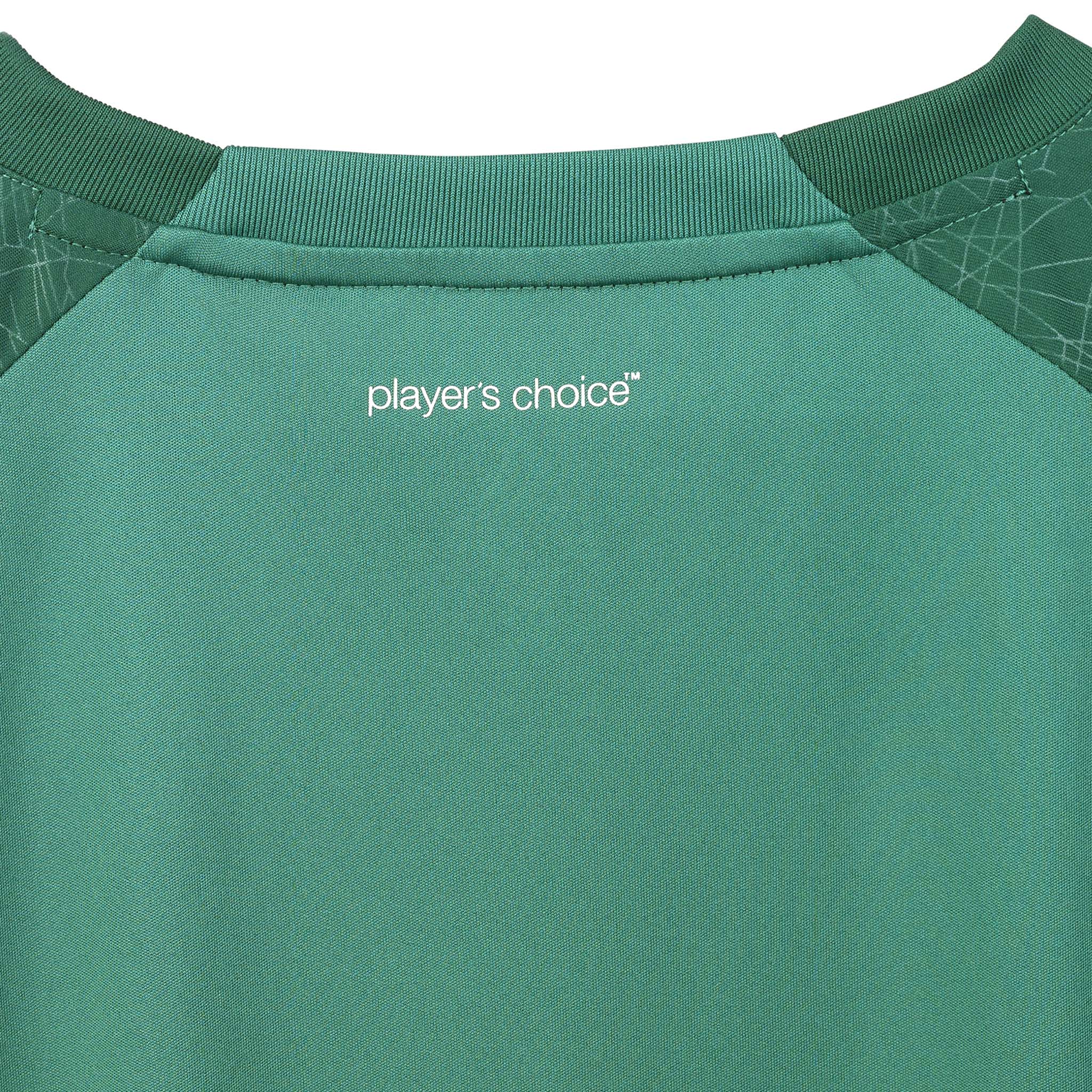 Closeup of green Player shirt S/S Spain woman v25, football Match & Training wear, white logo on back