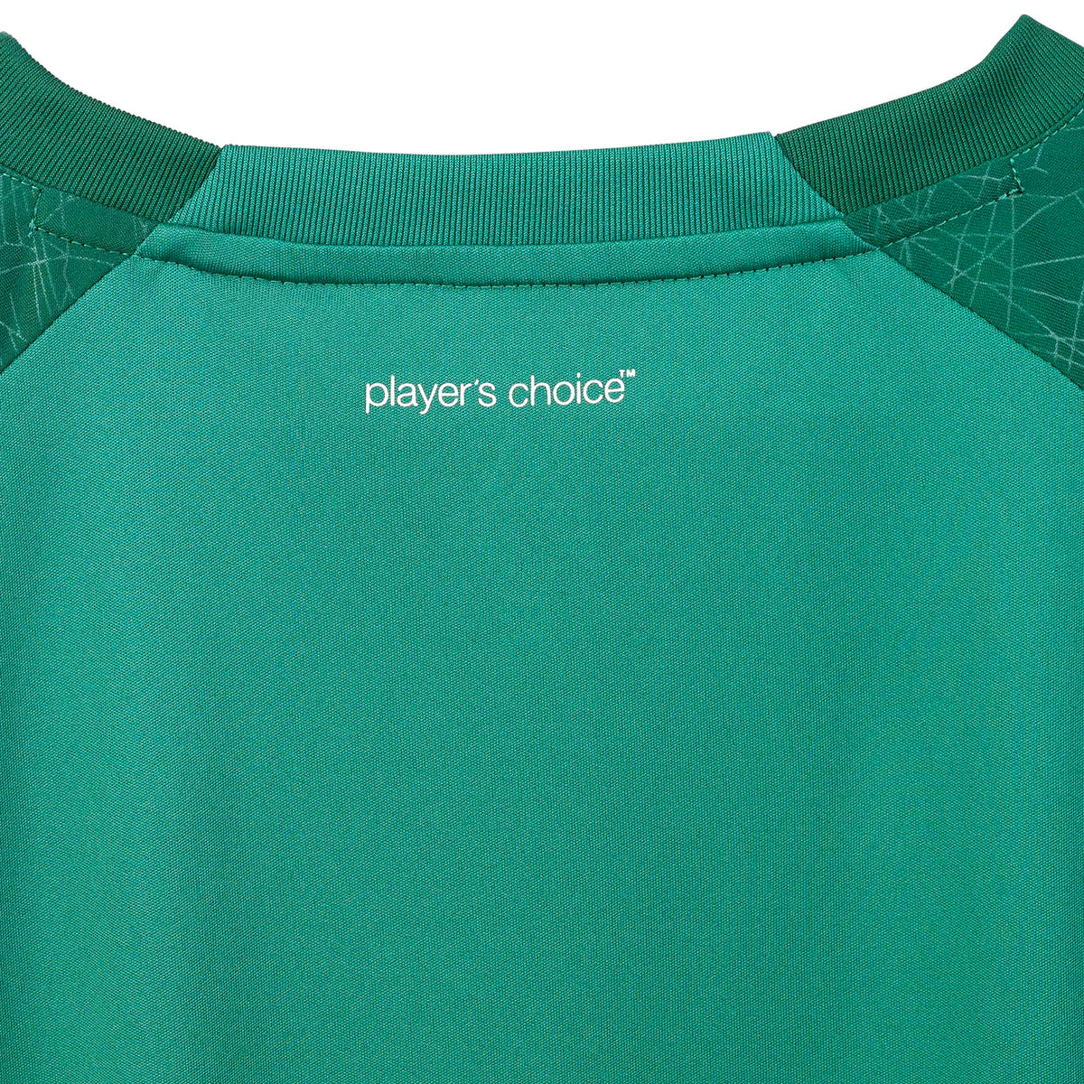 Closeup of green Player shirt S/S Spain woman v25, football Match & Training wear, white logo on back