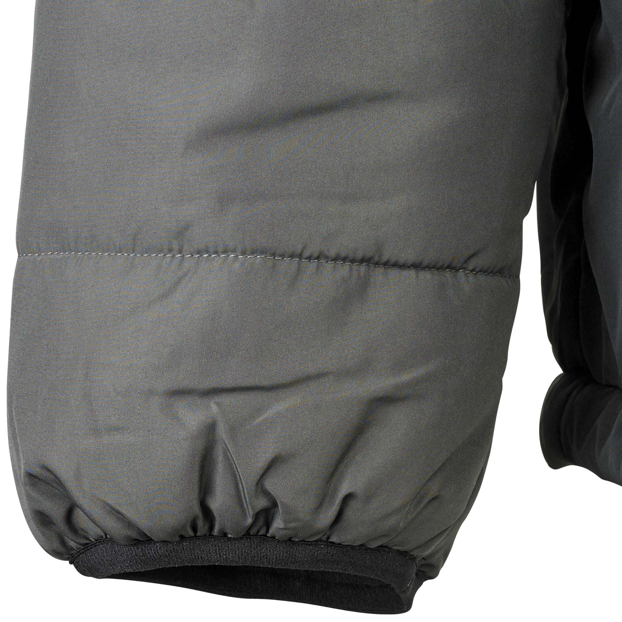 Closeup of grey Padded jacket Oxford woman v25, leisure wear, showing padded sleeve with black elastic cuff.