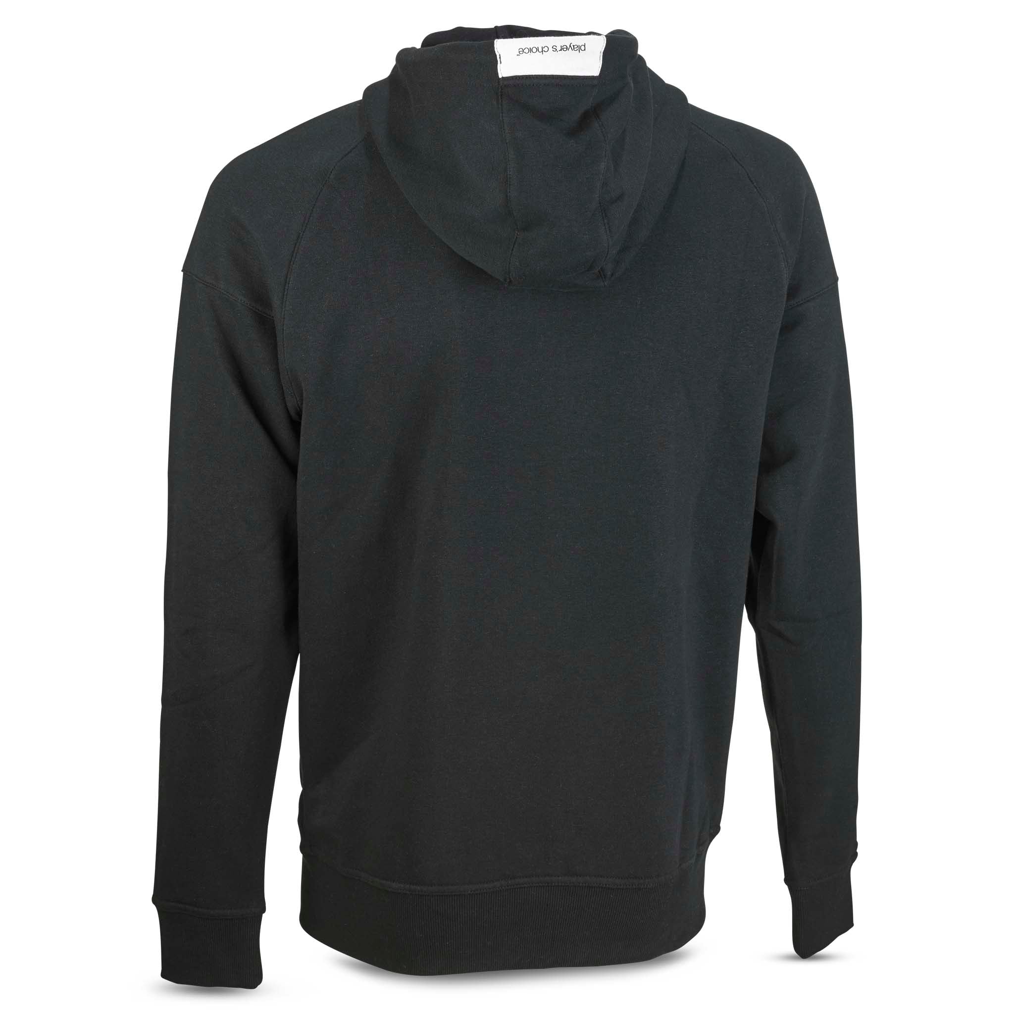 Black Zip hoodie Oxford v25 leisure wear, back page view with hood and ribbed cuffs.