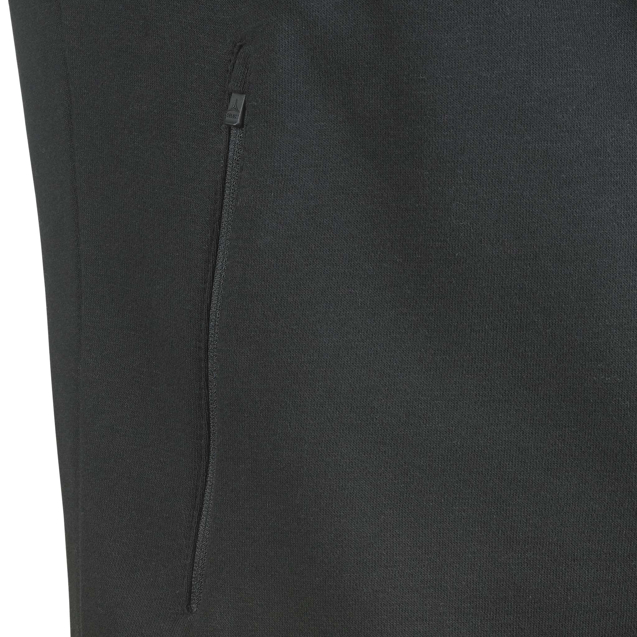 Closeup of black Zip hoodie Oxford v25 leisure wear, showing zippered side pocket detail.