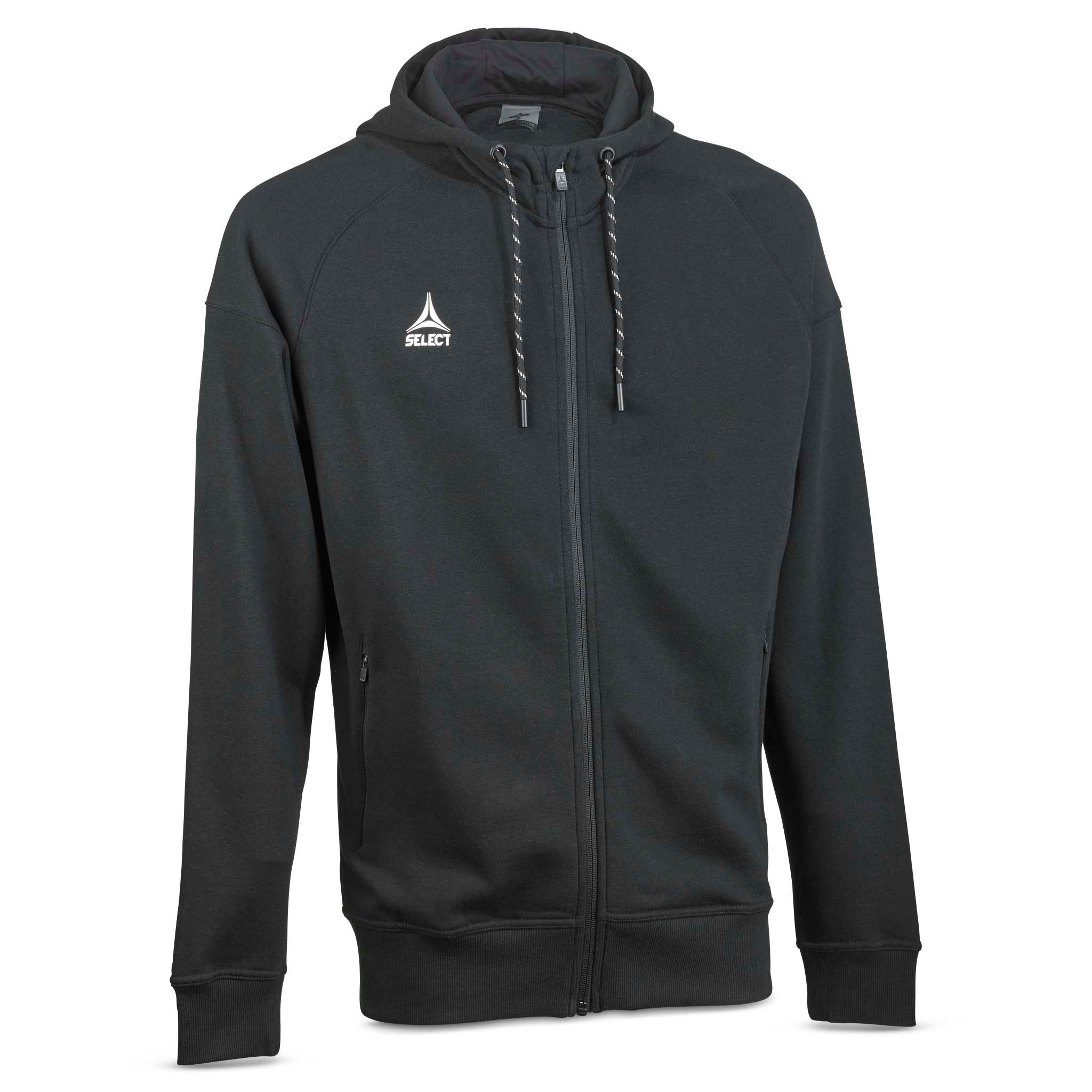 Black Zip hoodie Oxford v25 leisure wear, front view with hood and zipper, white logo on chest.