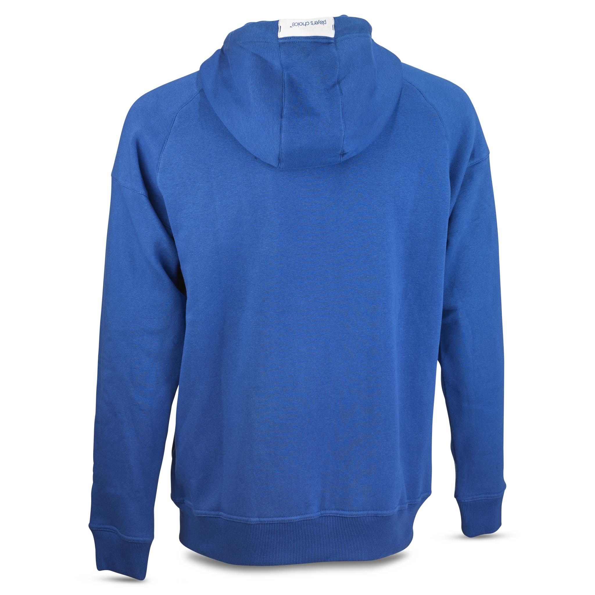Blue Zip hoodie Oxford v25 leisure wear, back page view with hood.