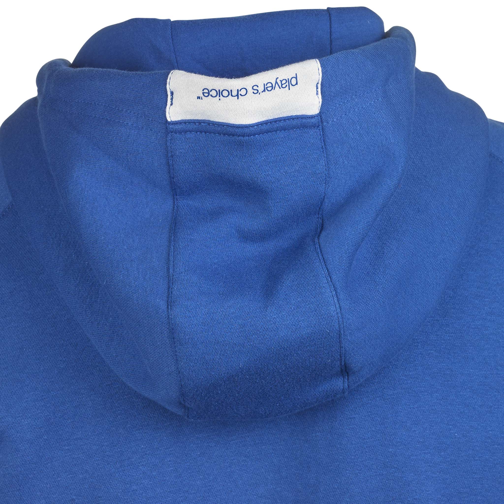 Closeup of blue Zip hoodie Oxford v25 leisure wear, showing hood with white inner label.