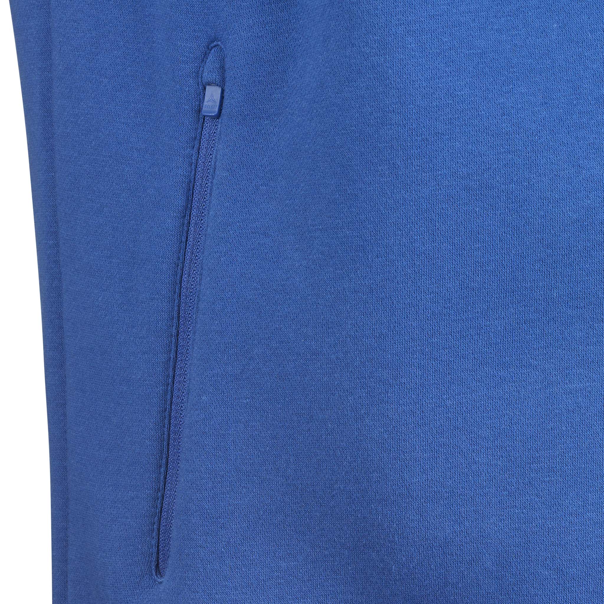 Closeup of blue Zip hoodie Oxford v25 leisure wear, showing zippered pocket detail