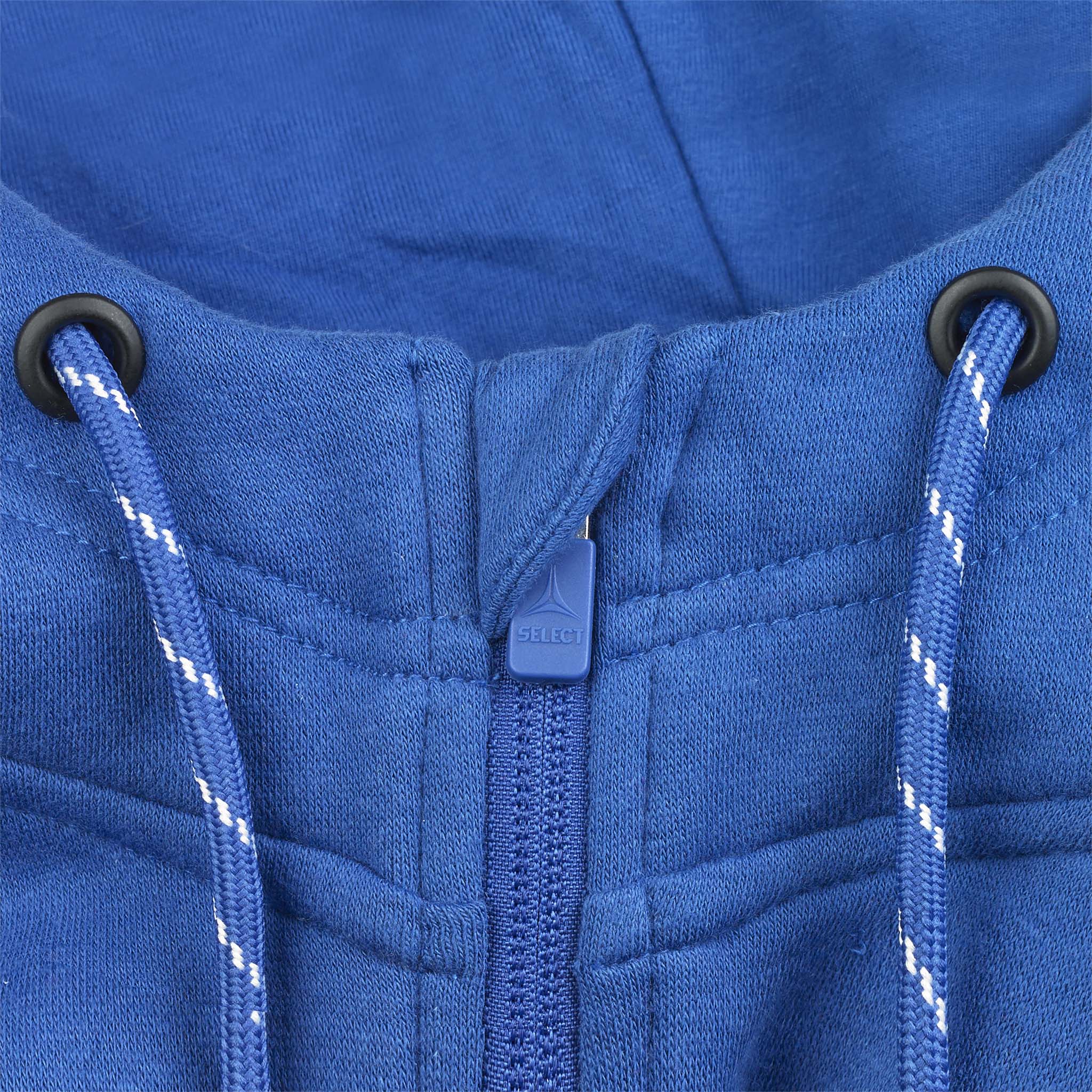 Closeup of blue Zip hoodie Oxford v25 leisure wear, showing zipper, hood and drawstrings.