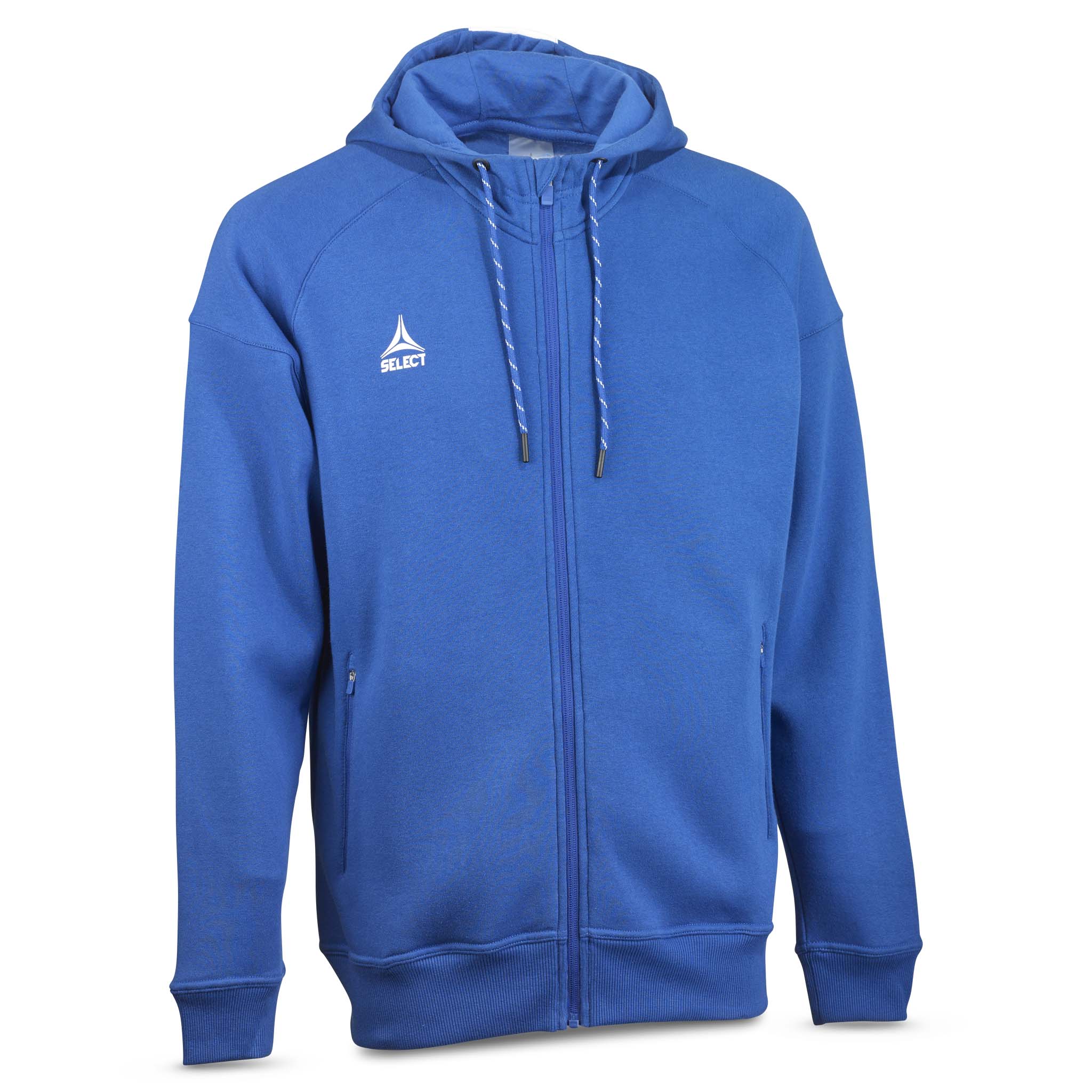 Front page of blue Zip hoodie Oxford v25, leisure wear with hood, full zip and white logo.
