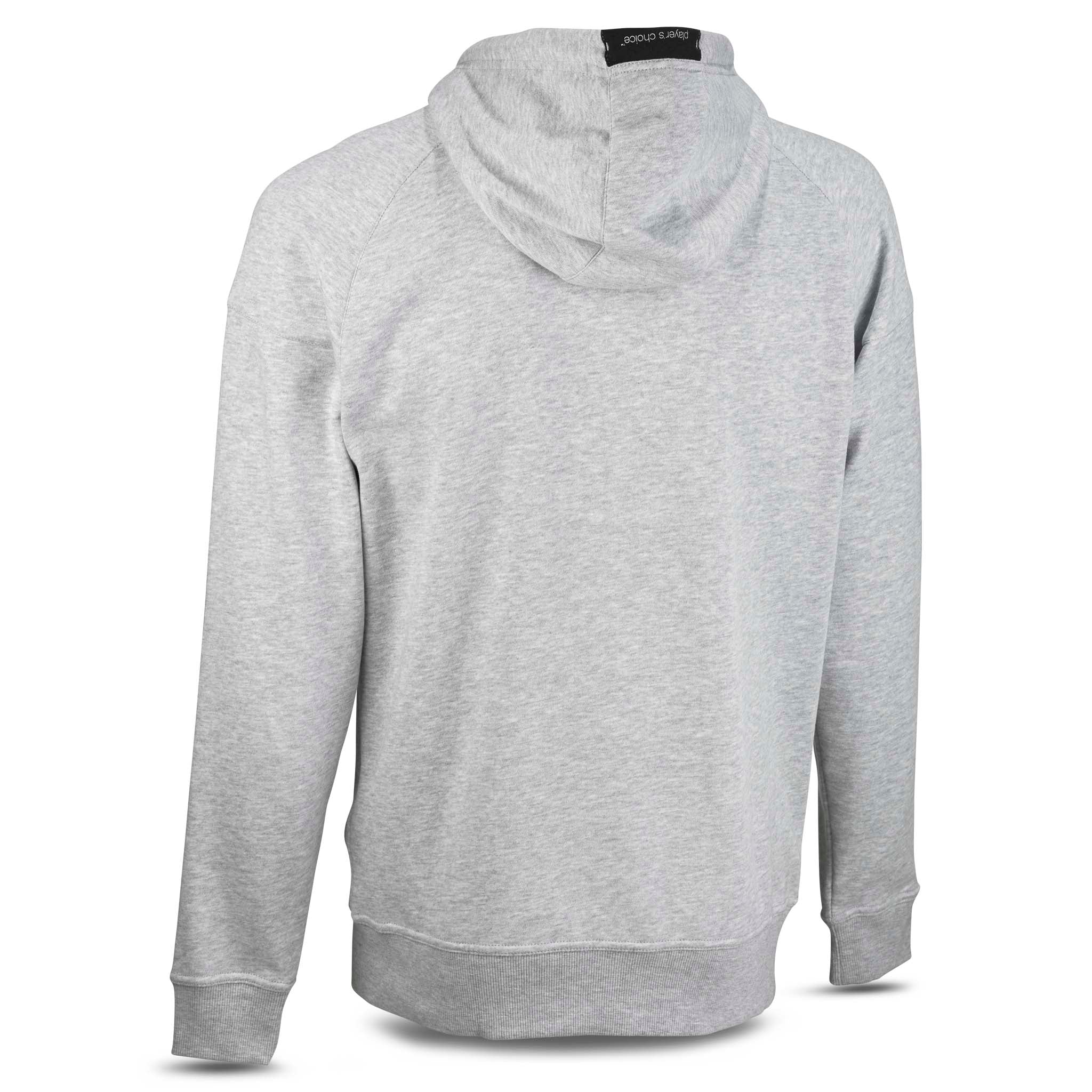 Grey Zip hoodie Oxford v25, leisure wear, back page view with hood and ribbed cuffs.