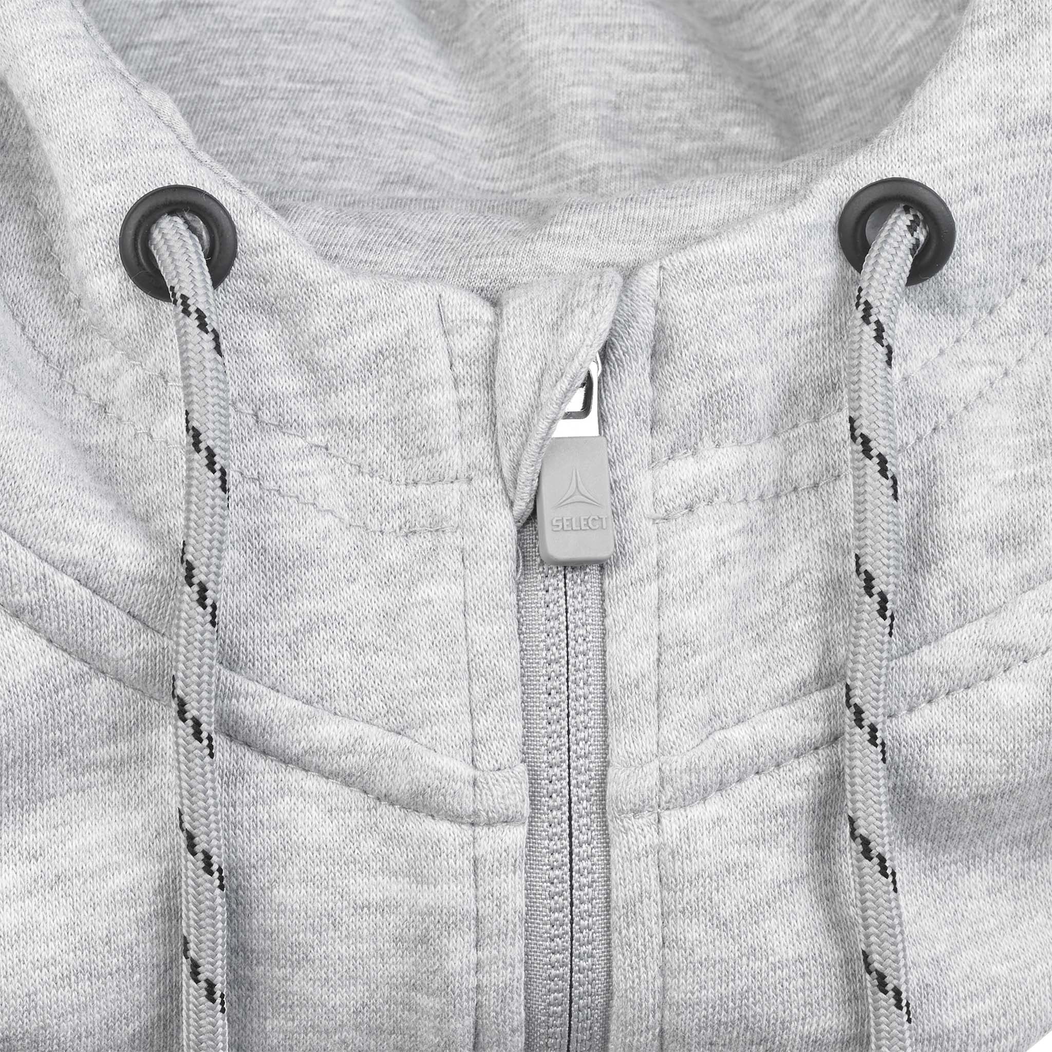 Closeup of grey Zip hoodie Oxford v25 leisure wear, showing zipper, drawstrings and hood detail.