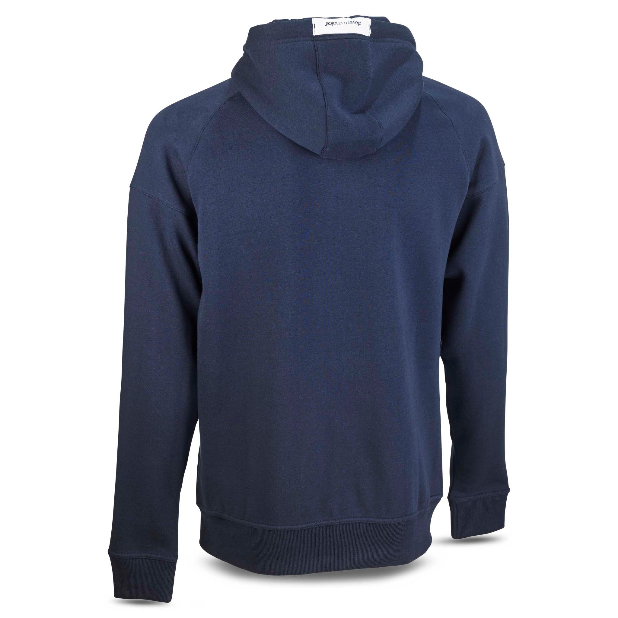 Navy blue Zip hoodie Oxford v25, leisure wear, back page view showing hood and football design.