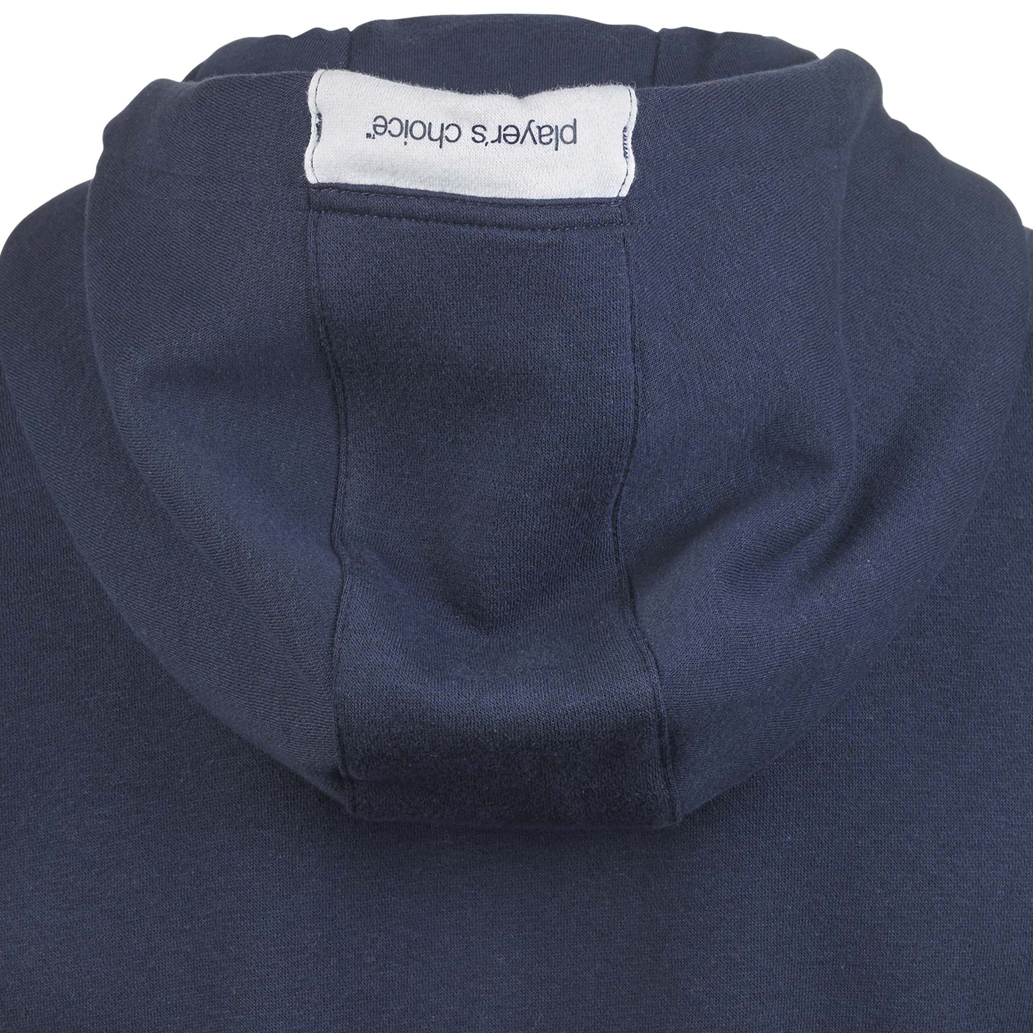 Closeup of navy Zip hoodie Oxford v25 leisure wear, showing hood and player's choice label.