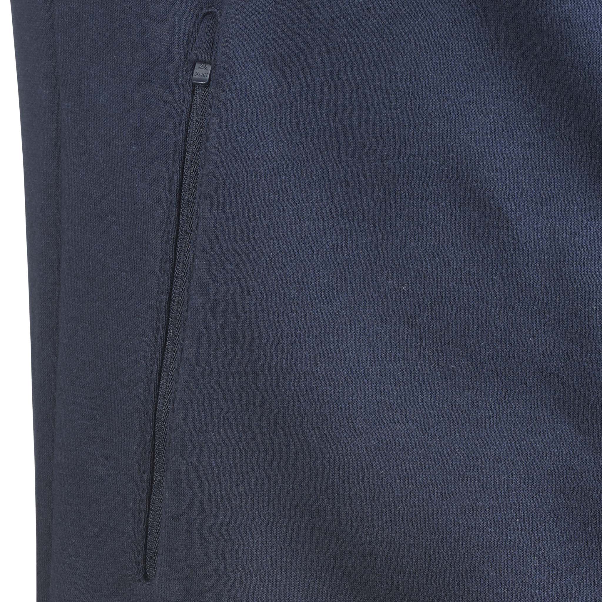 Closeup of navy Zip hoodie Oxford v25 leisure wear, showing zipped side pocket detail