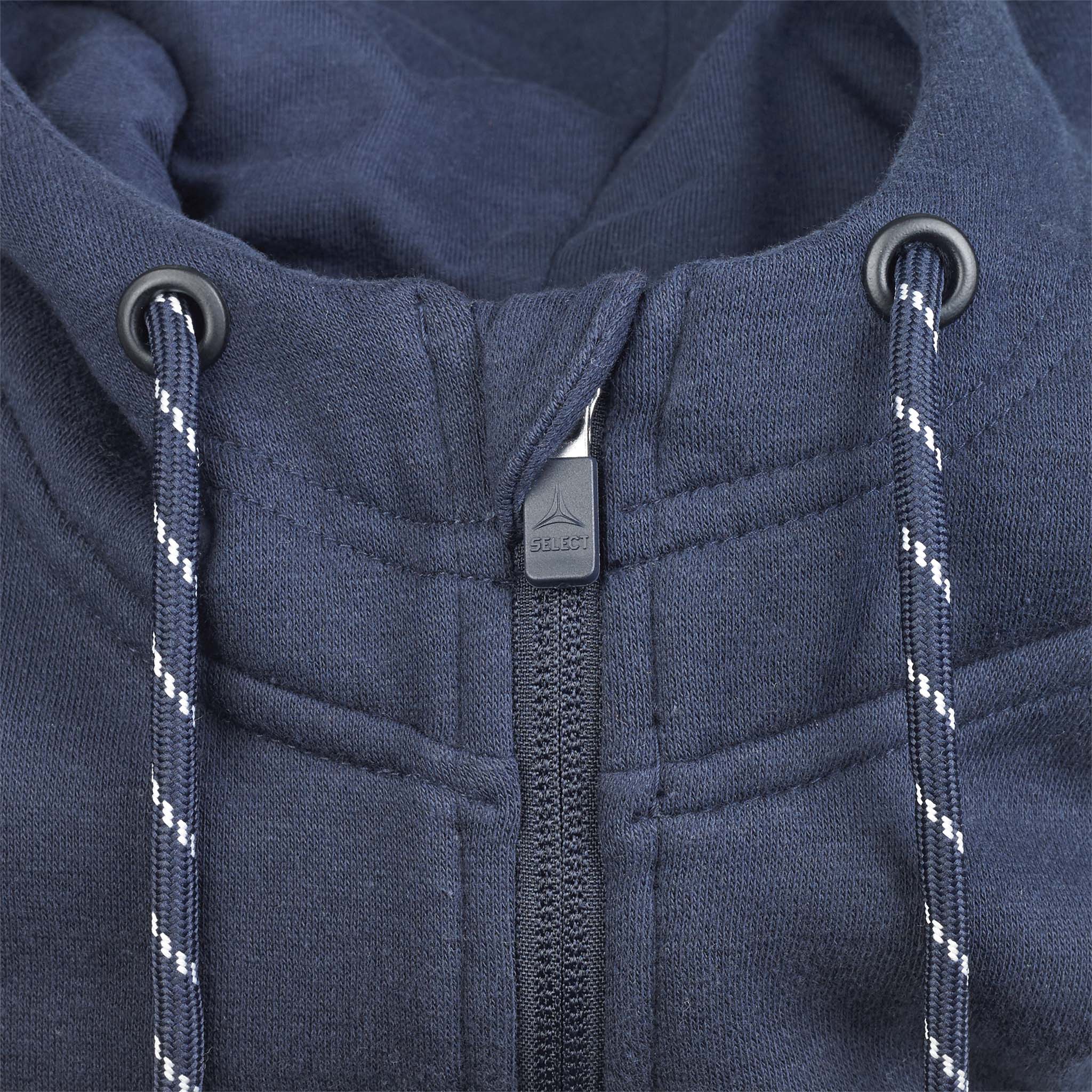 Closeup of navy Zip hoodie Oxford v25 leisure wear, showing zipper and drawstrings.