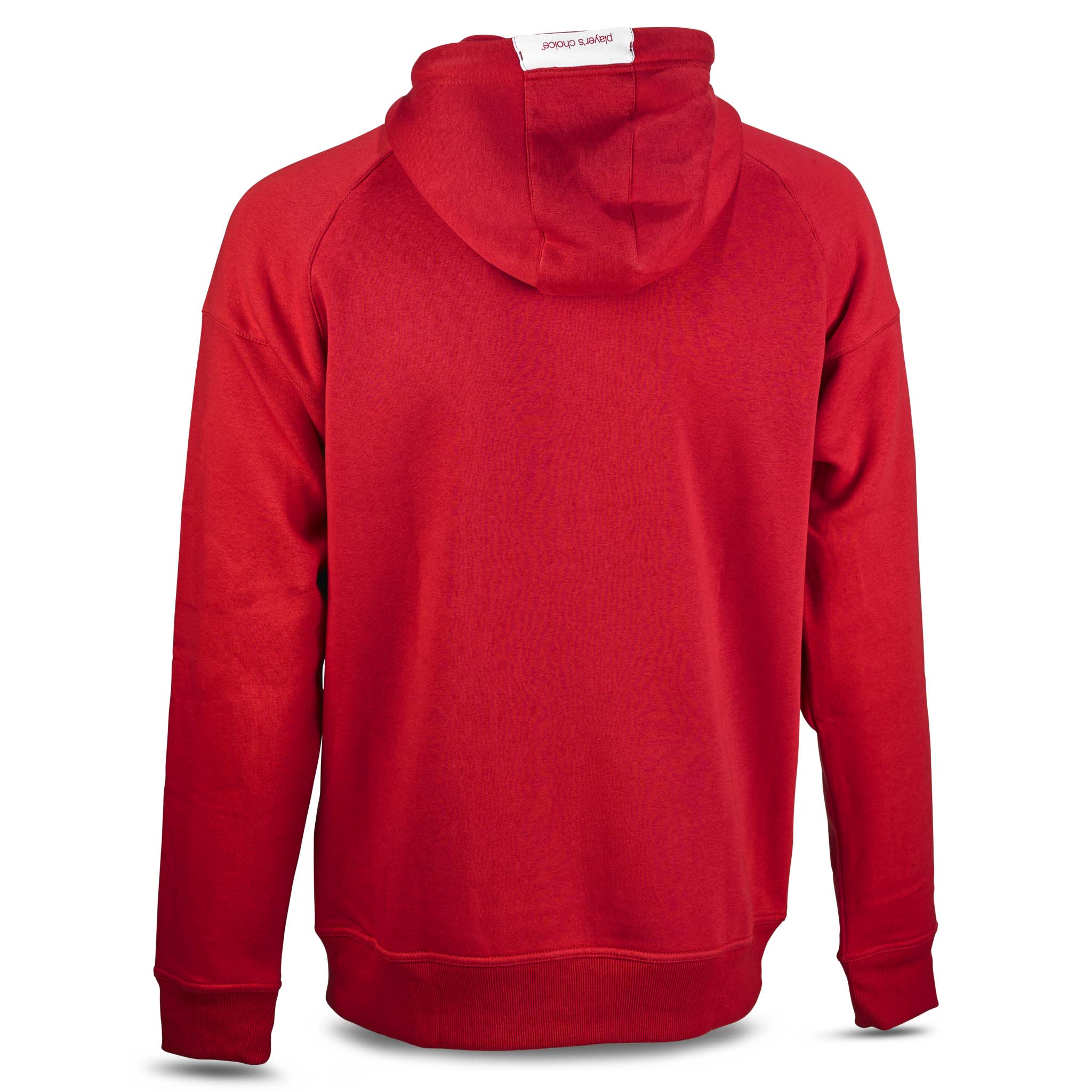 Red Zip hoodie Oxford v25, leisure wear, back page view with hood and white label.