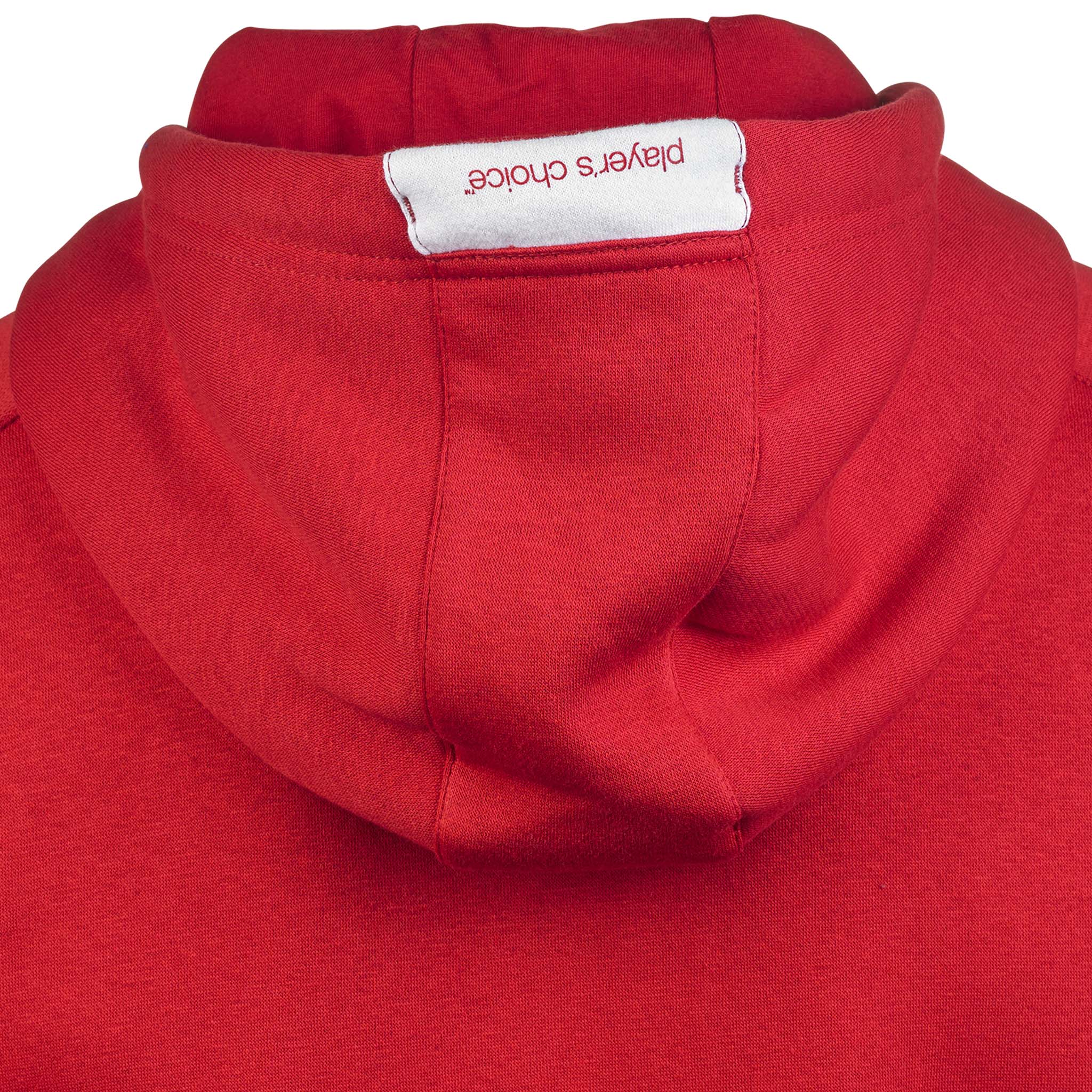 Closeup of red Zip hoodie Oxford v25 leisure wear, showing hood with 'players choice' label.