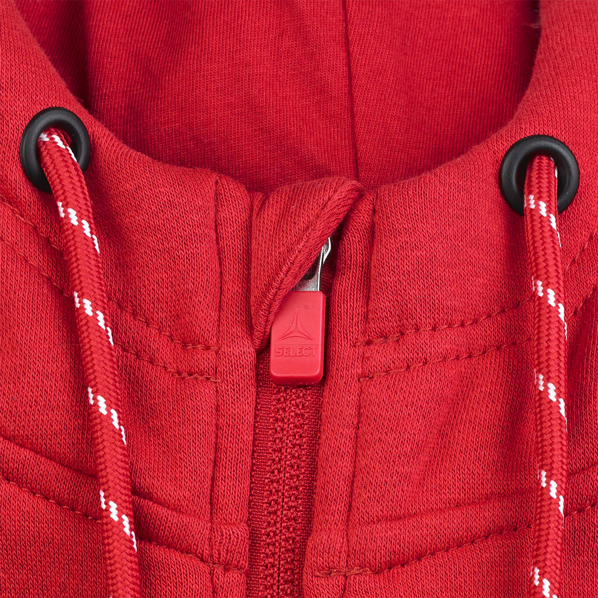 Closeup of red Zip hoodie Oxford v25 leisure wear, showing zipper, hood and drawstrings