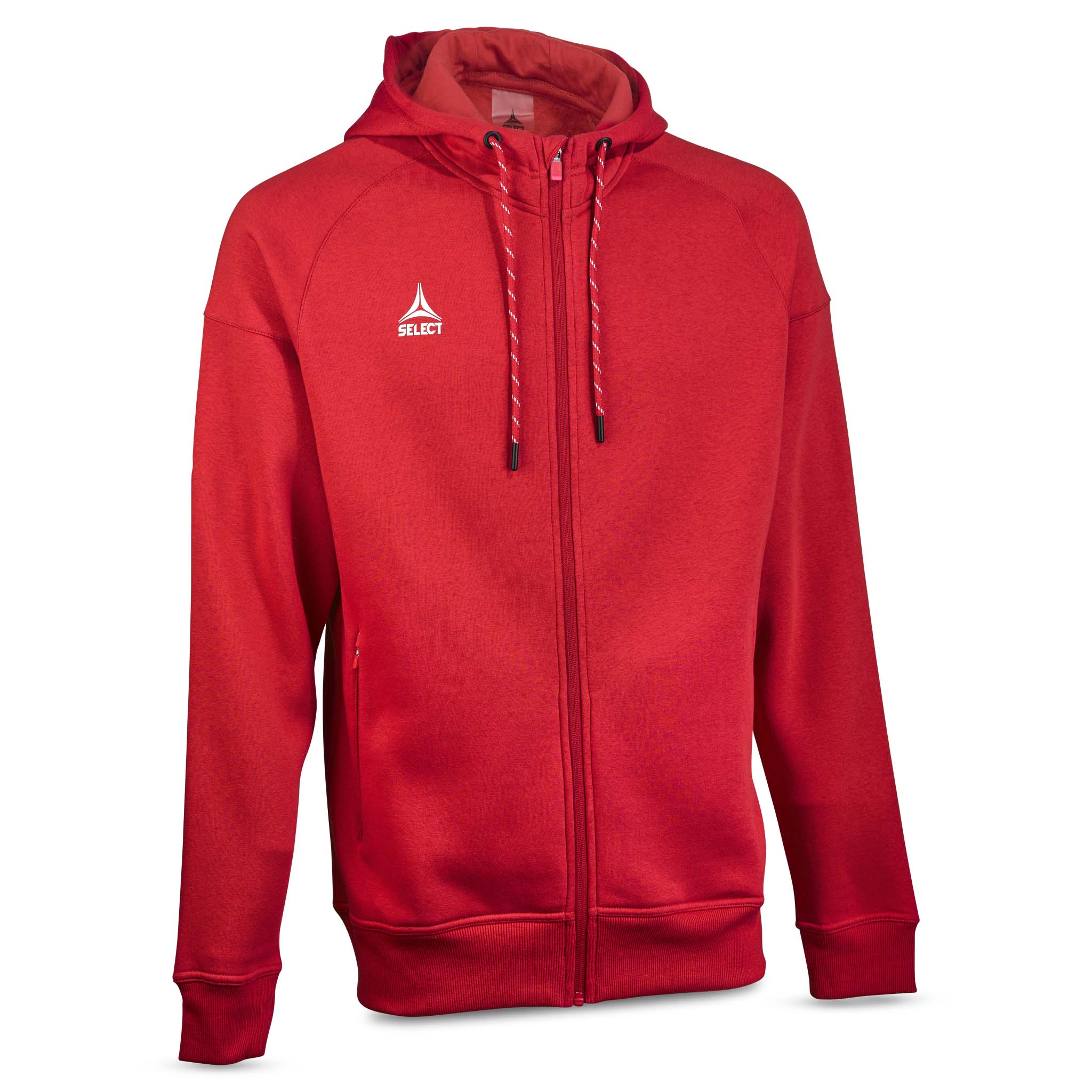 Red Zip hoodie Oxford v25 leisure wear with hood and drawstrings, front page view.