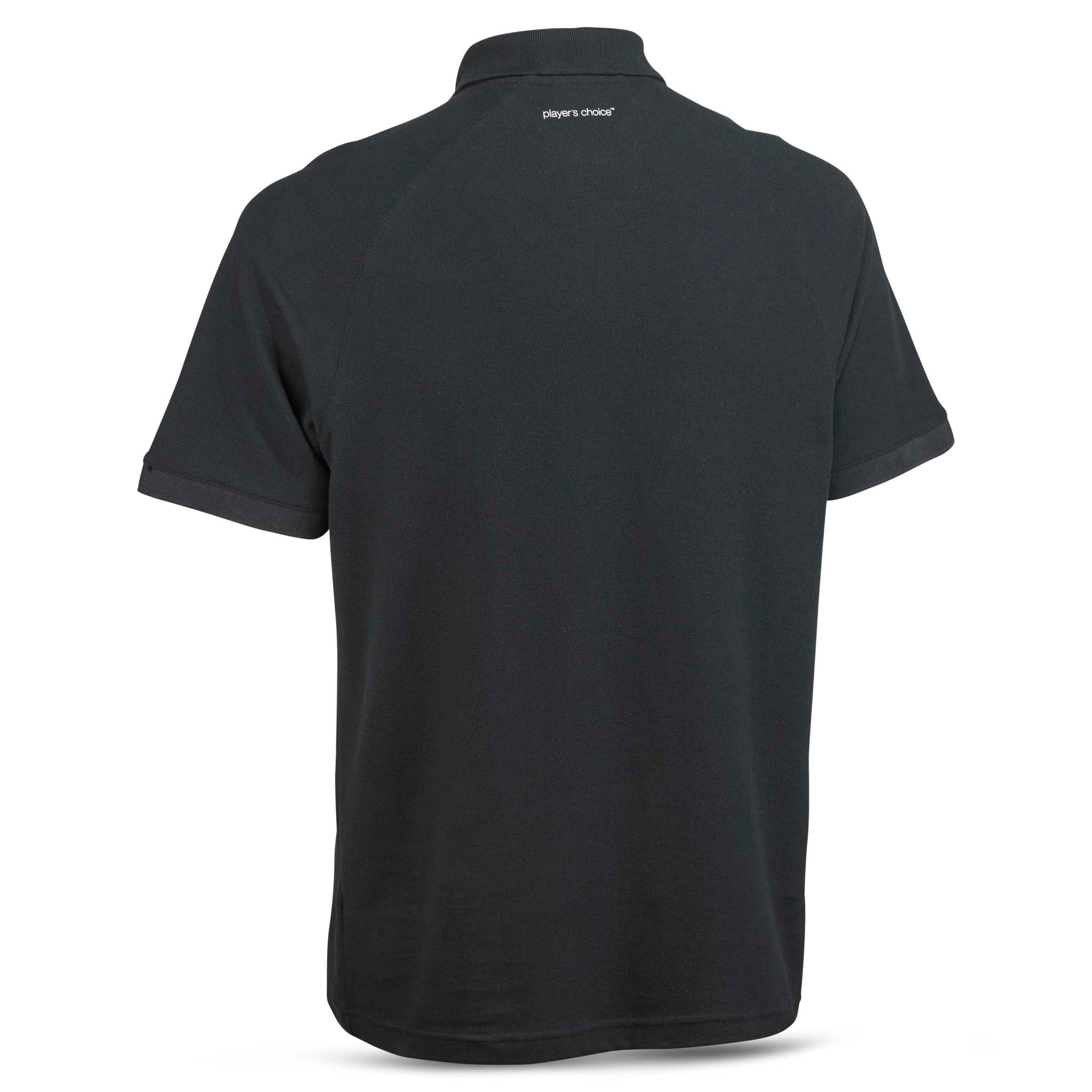 Black Polo t-shirt Oxford v25, leisure wear, back page view with collar and short sleeves.