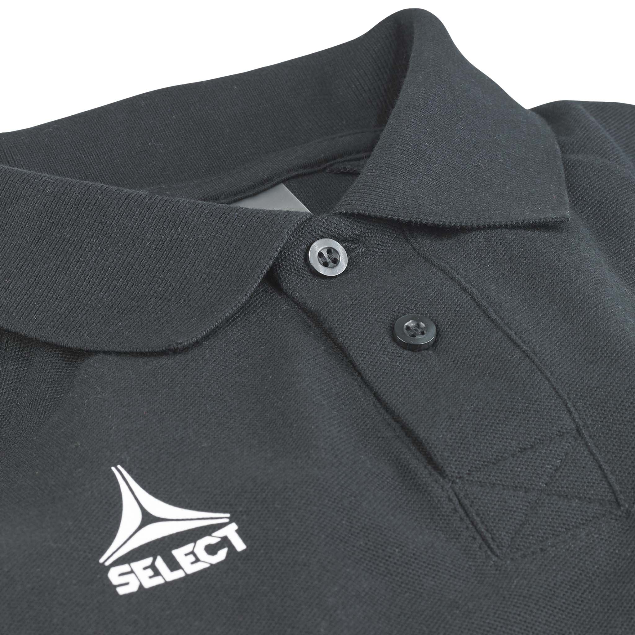 Closeup of black Polo t-shirt Oxford v25 leisure wear, showing collar, buttons and white Select logo.