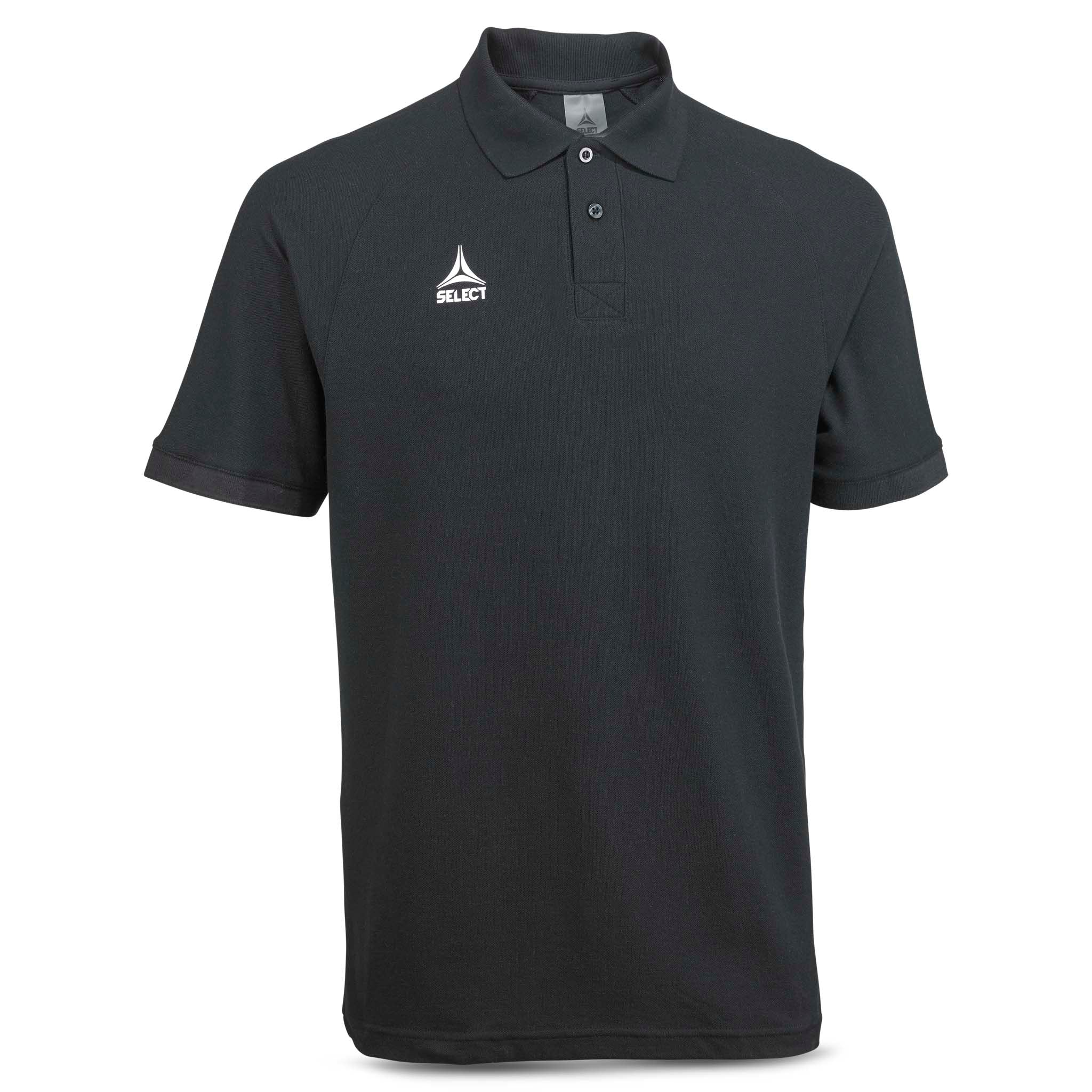 Black Polo t-shirt Oxford v25, leisure wear, front page view with collar and buttons.