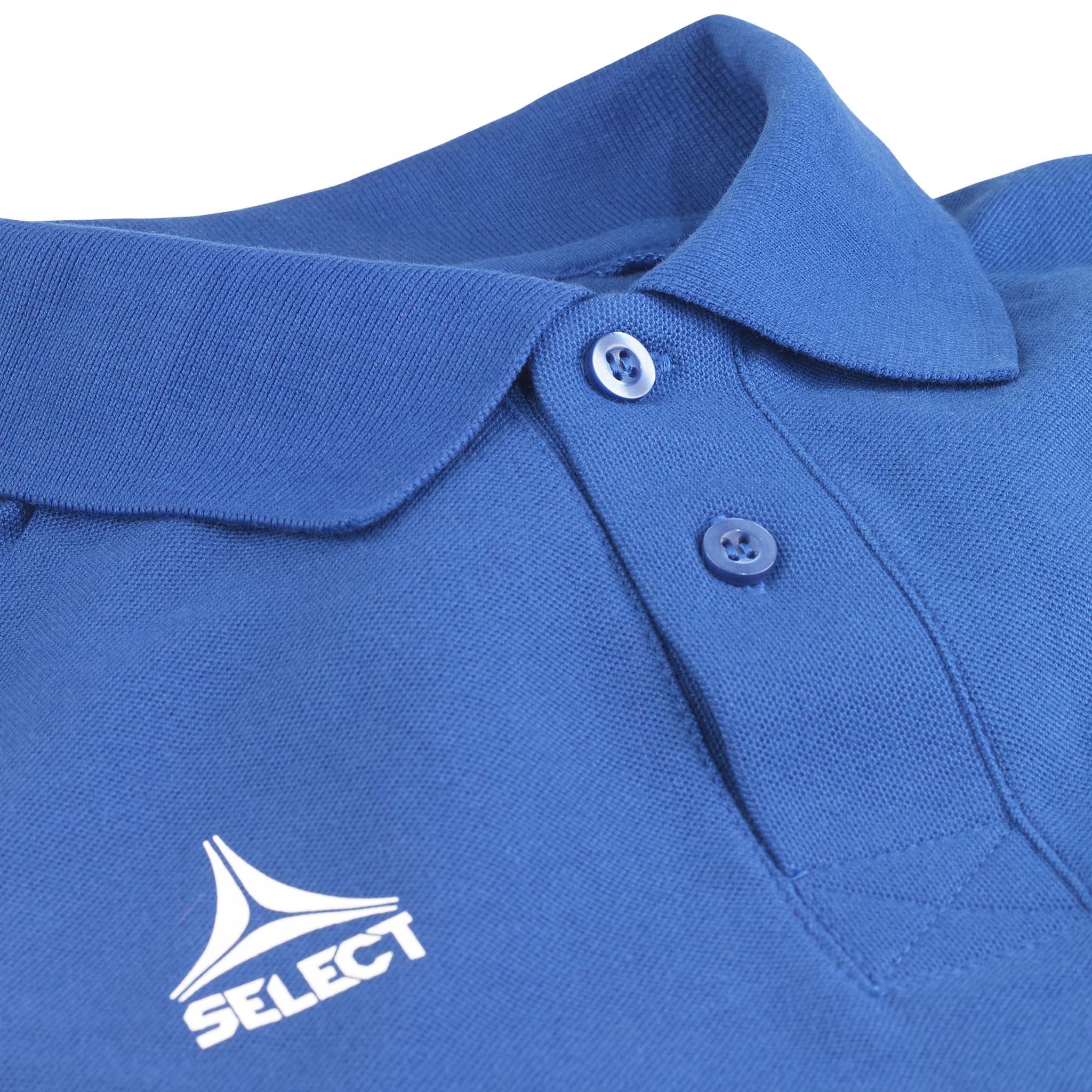 Closeup of blue Polo t-shirt Oxford v25 leisure wear, showing collar, buttons and white Select logo.