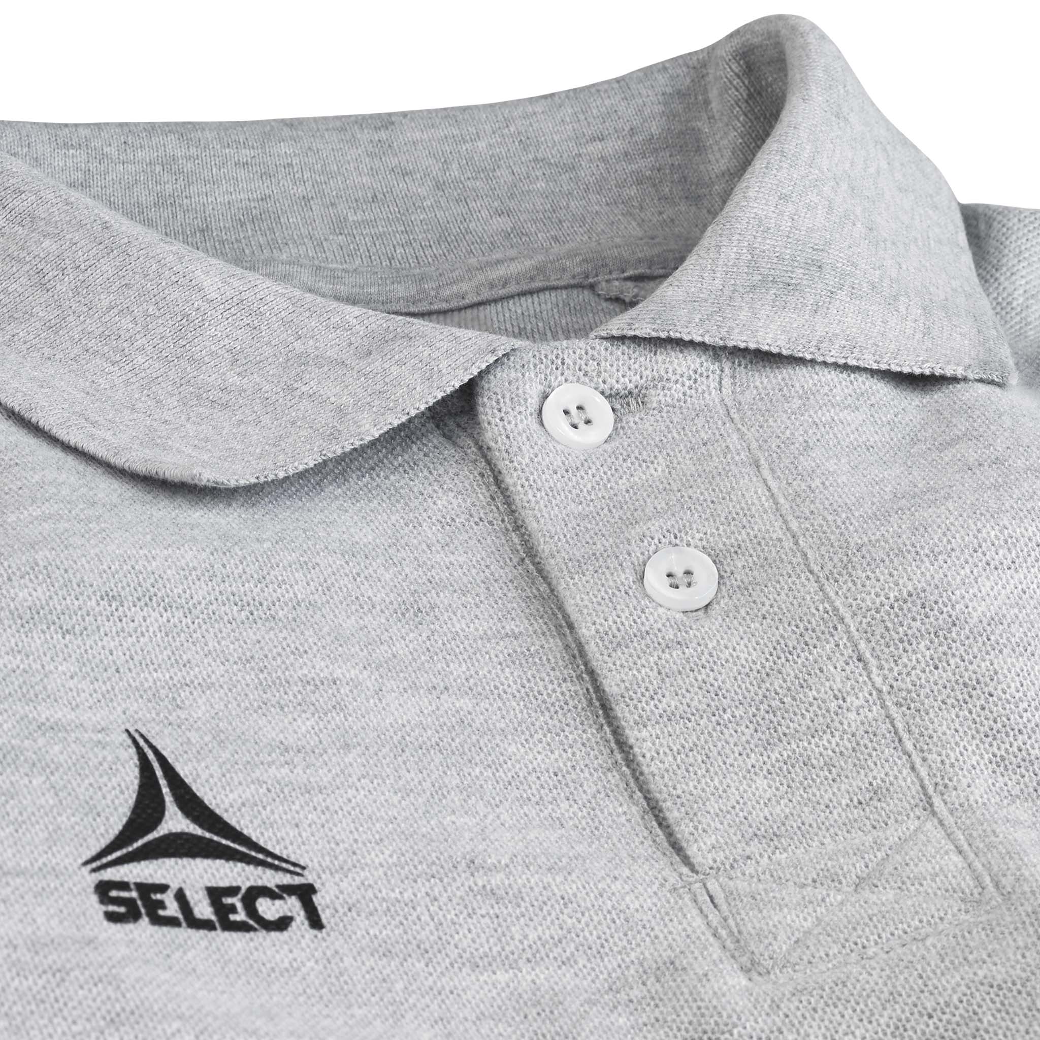 Closeup of grey Polo t-shirt Oxford v25 leisure wear, showing collar, button placket and black logo.