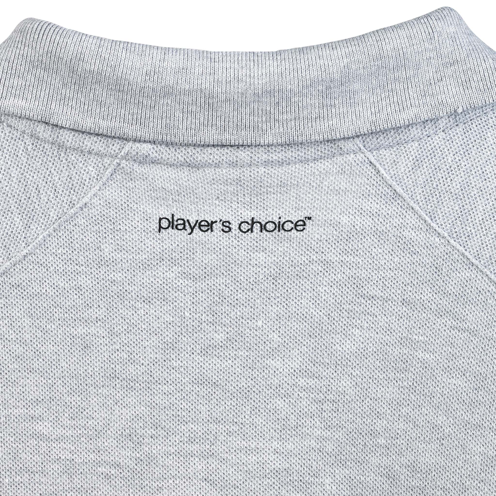 Closeup of grey Polo t-shirt Oxford v25 leisure wear, showing collar and 'player's choice' print.