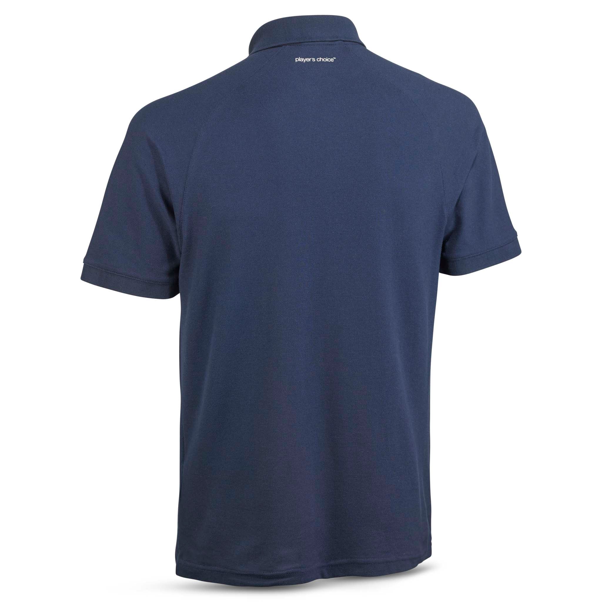 Back page of navy blue Polo t-shirt Oxford v25, leisure wear with collar and short sleeves.