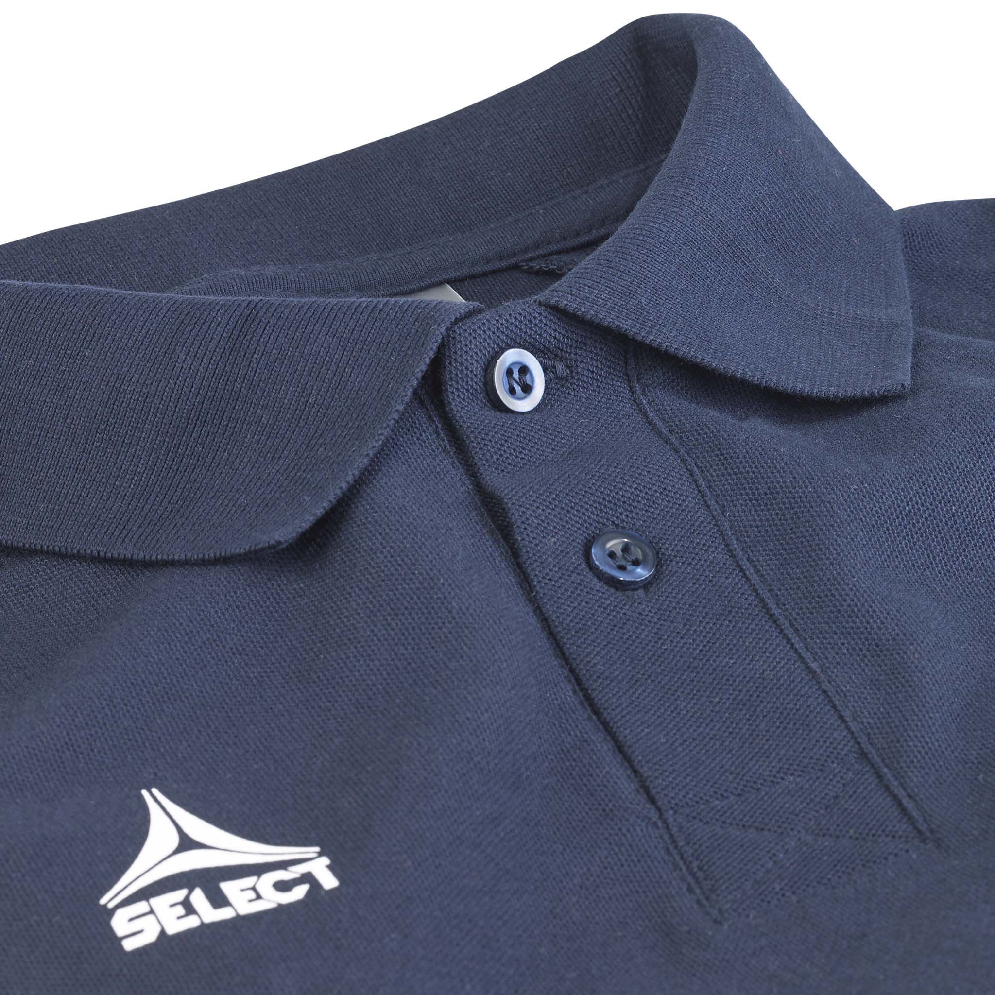 Closeup of navy blue Polo t-shirt Oxford v25 leisure wear, showing collar, button placket and white Select logo.