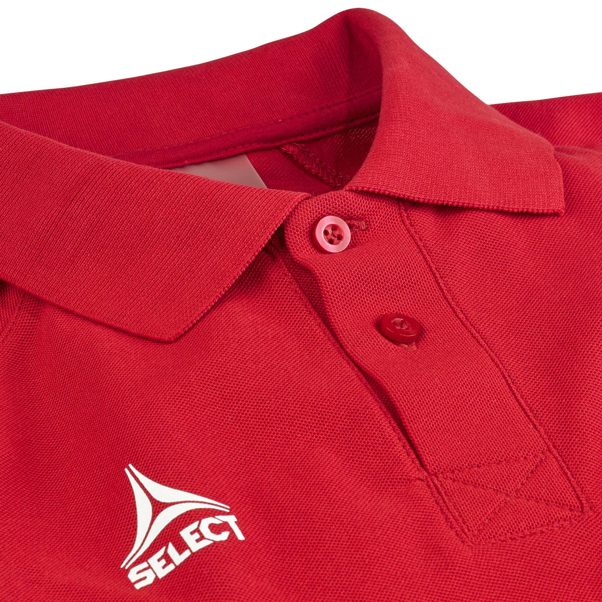 Closeup of red Polo t-shirt Oxford v25, leisure wear, showing collar, buttons and white Select logo