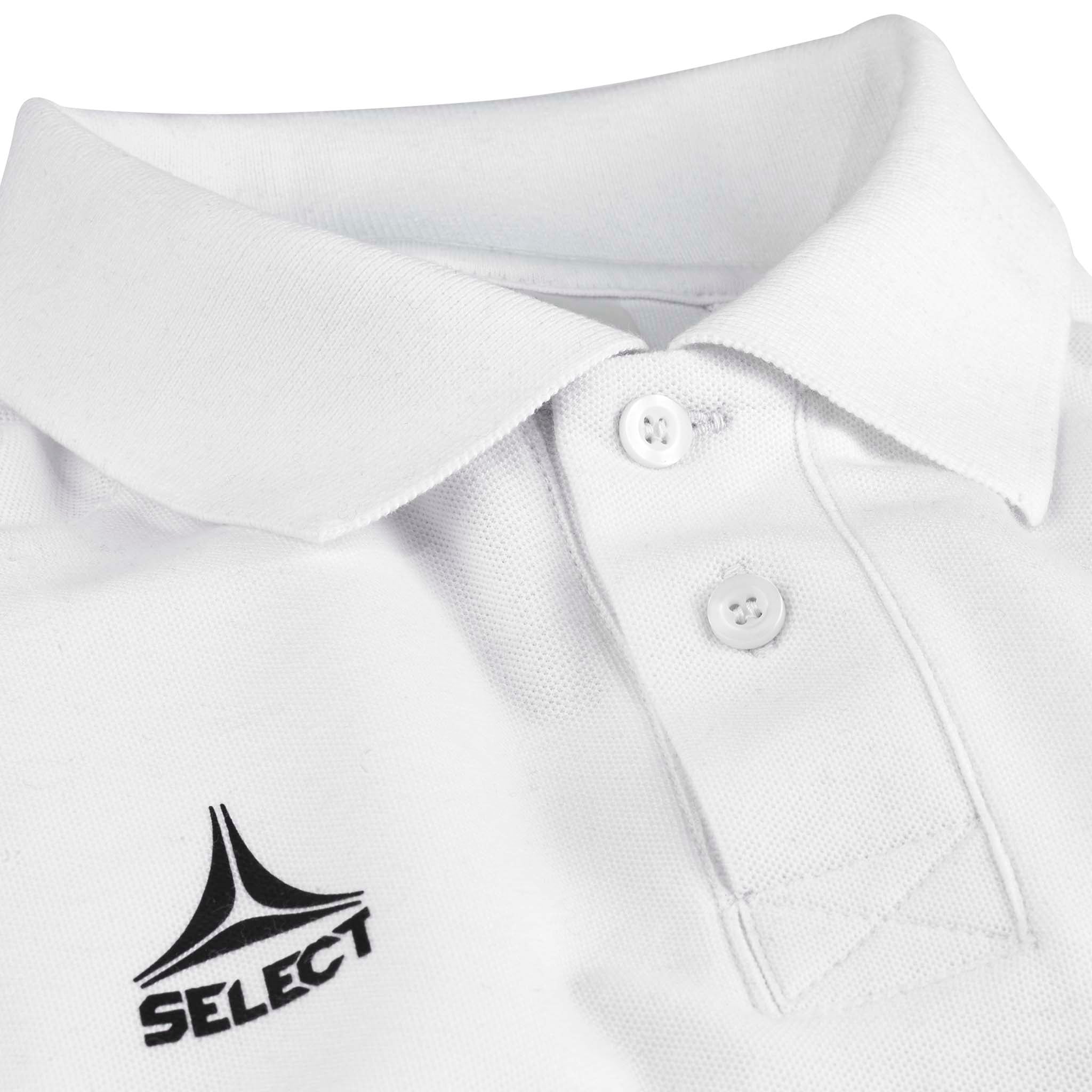 Closeup of white Polo t-shirt Oxford v25, leisure wear, showing collar, buttons and Select logo.