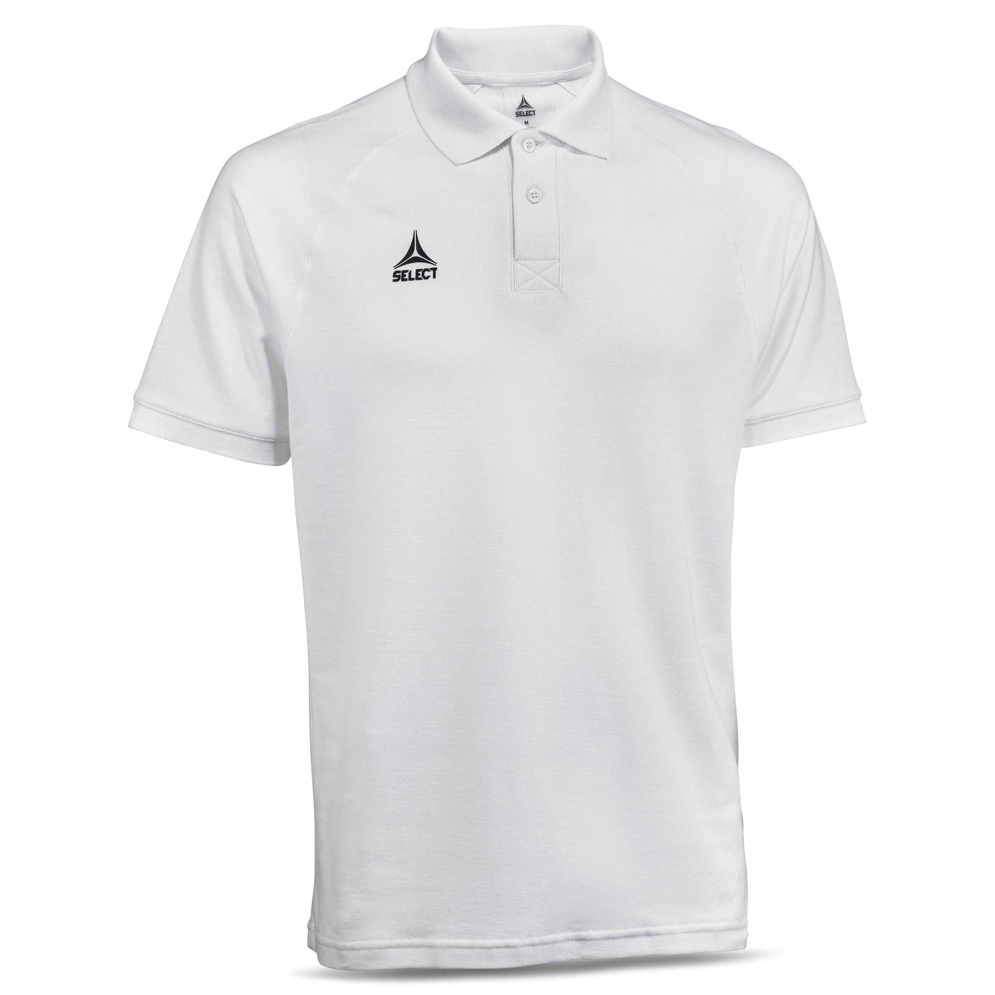 Front page of white Polo t-shirt Oxford v25, leisure wear with black football logo on chest
