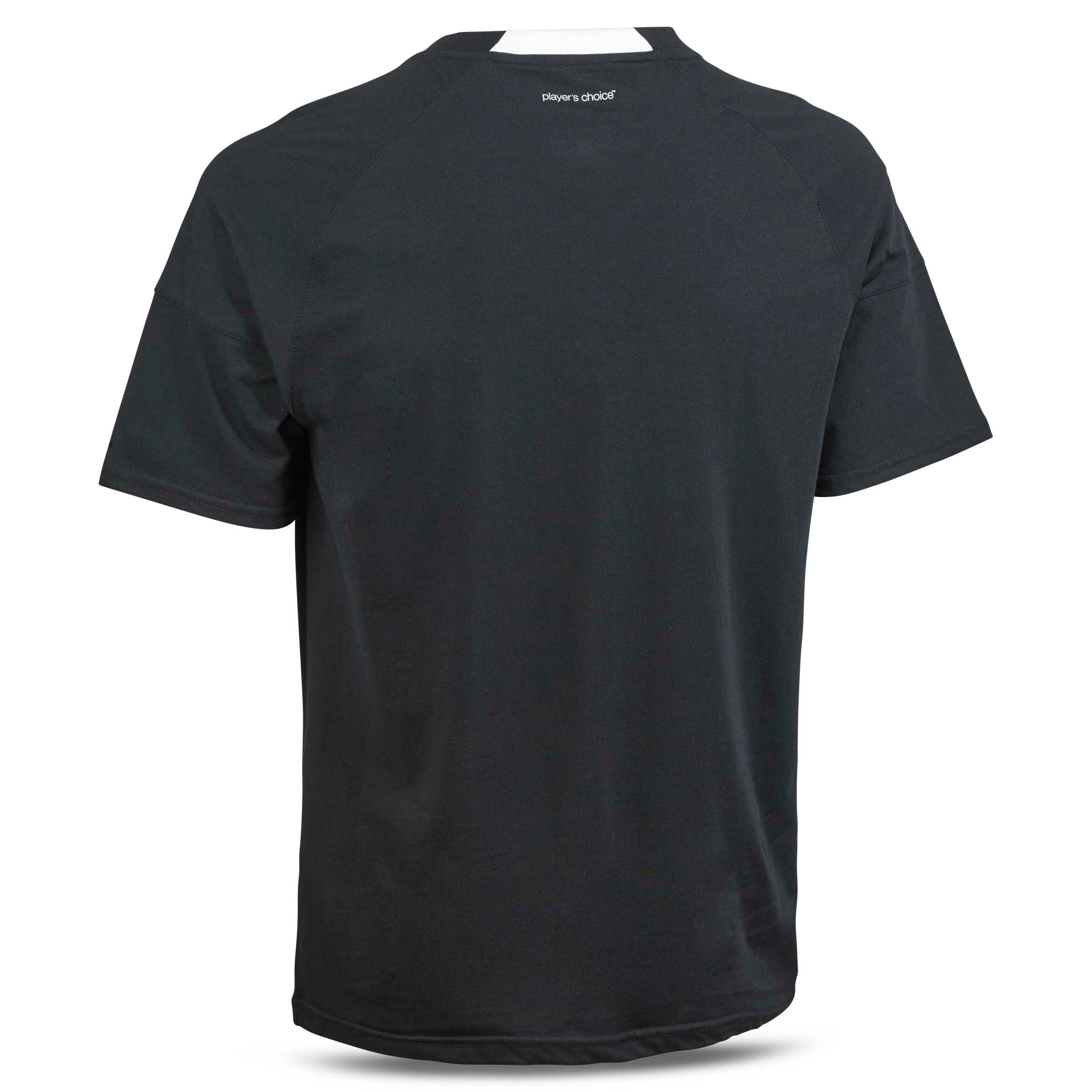 Black T-Shirt Oxford v25 leisure wear, back page view with white collar detail.