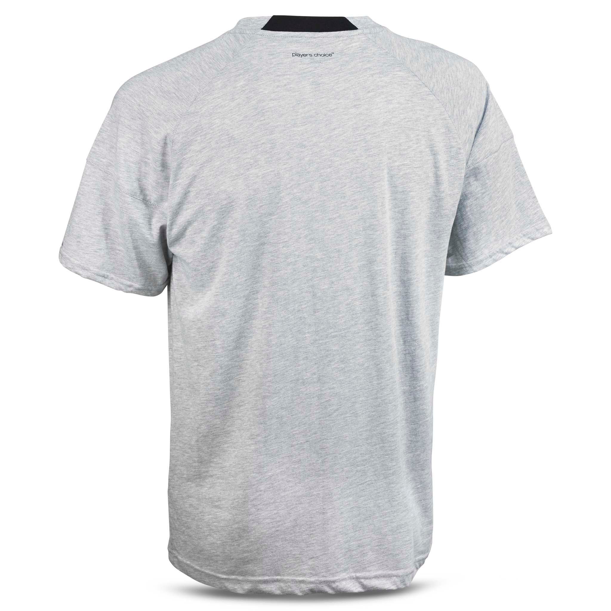 Grey T-Shirt Oxford v25 leisure wear, back page view with black collar detail