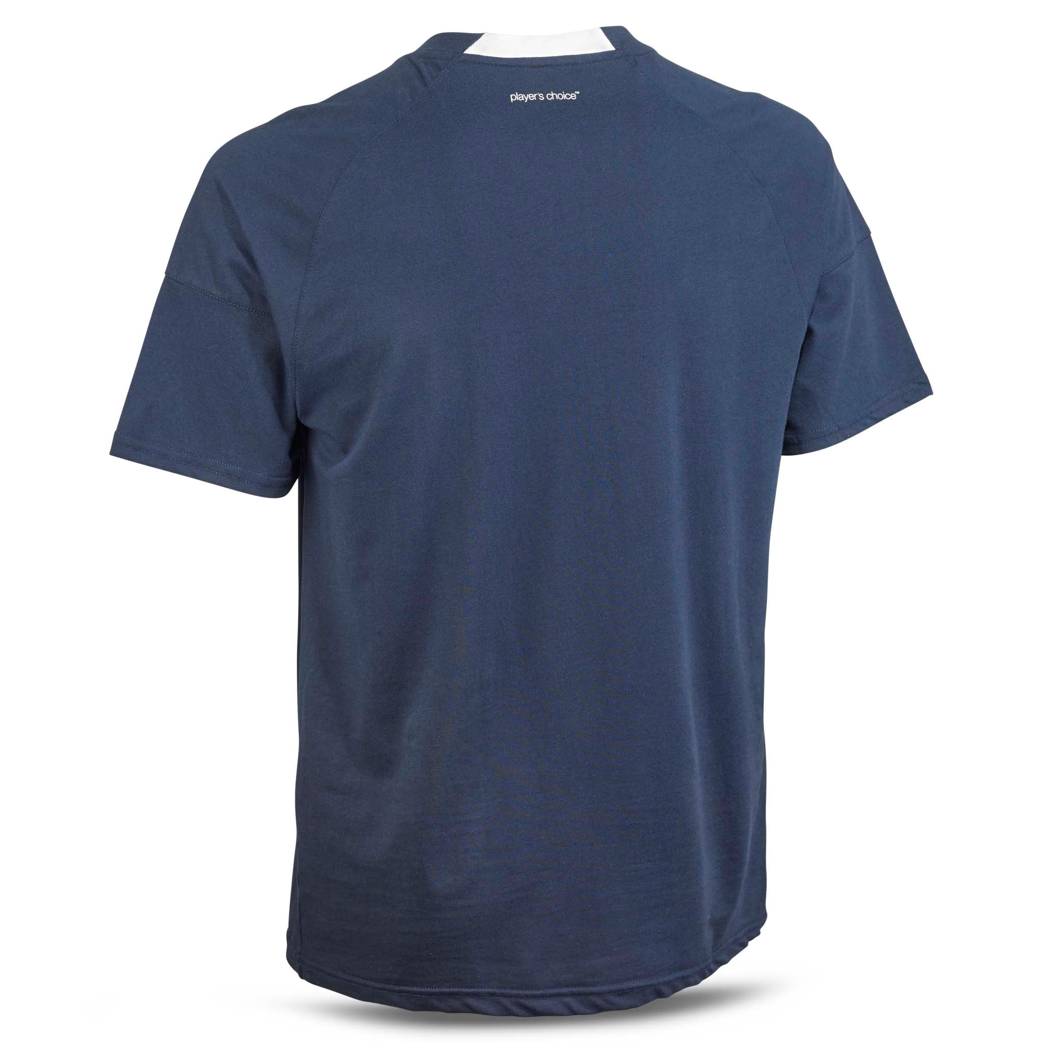 Navy blue T-Shirt Oxford v25, leisure wear, back page view of football shirt with white collar trim.