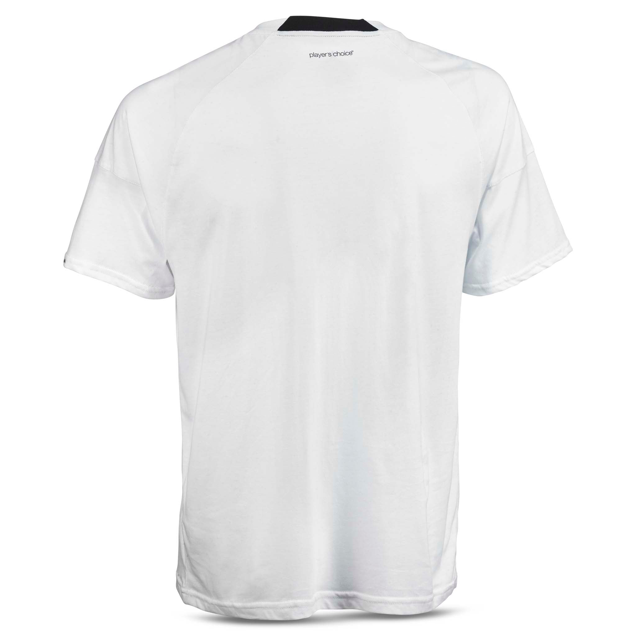 White T-Shirt Oxford v25 leisure wear, back page view with black collar detail.