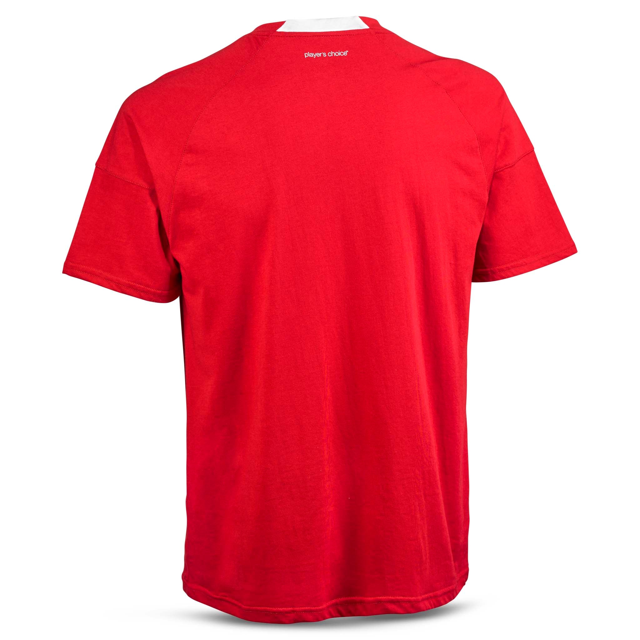 Red T-Shirt Oxford v25, leisure wear, back page view with white inner collar detail.
