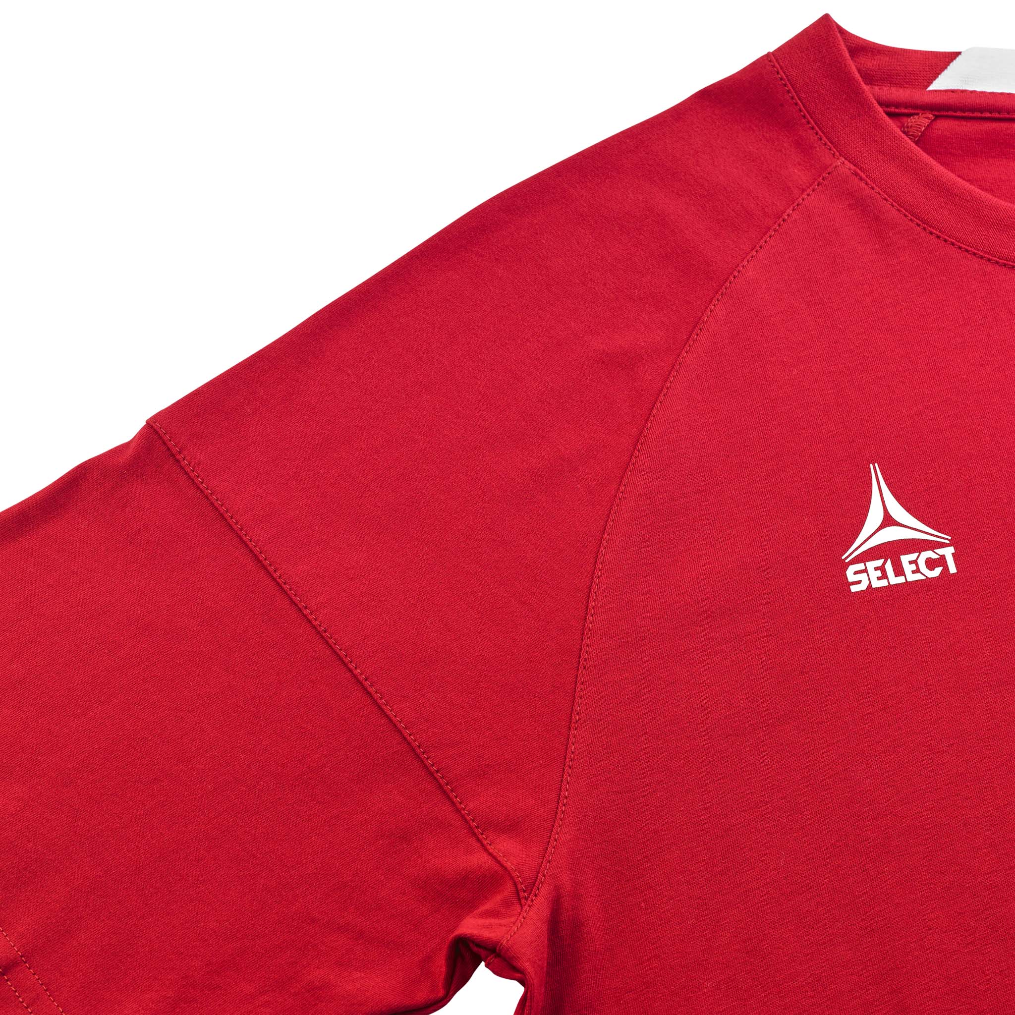 Closeup of red T-Shirt Oxford v25 leisure wear, showing fabric and white Select logo on chest.